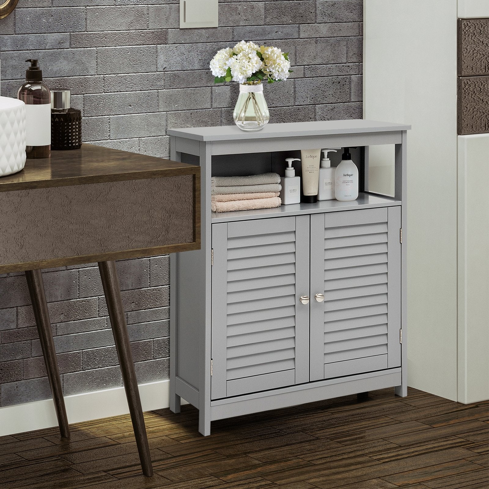 Wood Freestanding Bathroom Storage Cabinet with Double Shutter Door, Gray Floor Cabinets   at Gallery Canada