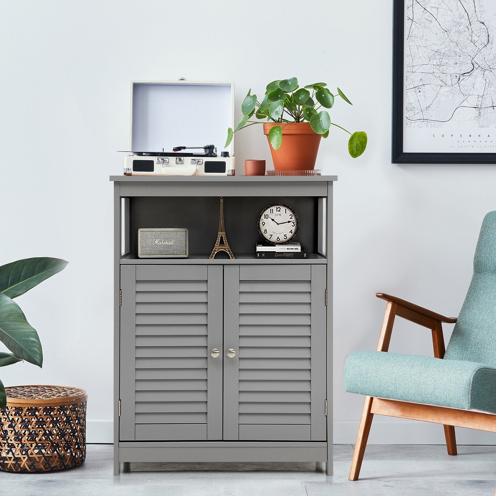 Wood Freestanding Bathroom Storage Cabinet with Double Shutter Door, Gray Floor Cabinets   at Gallery Canada