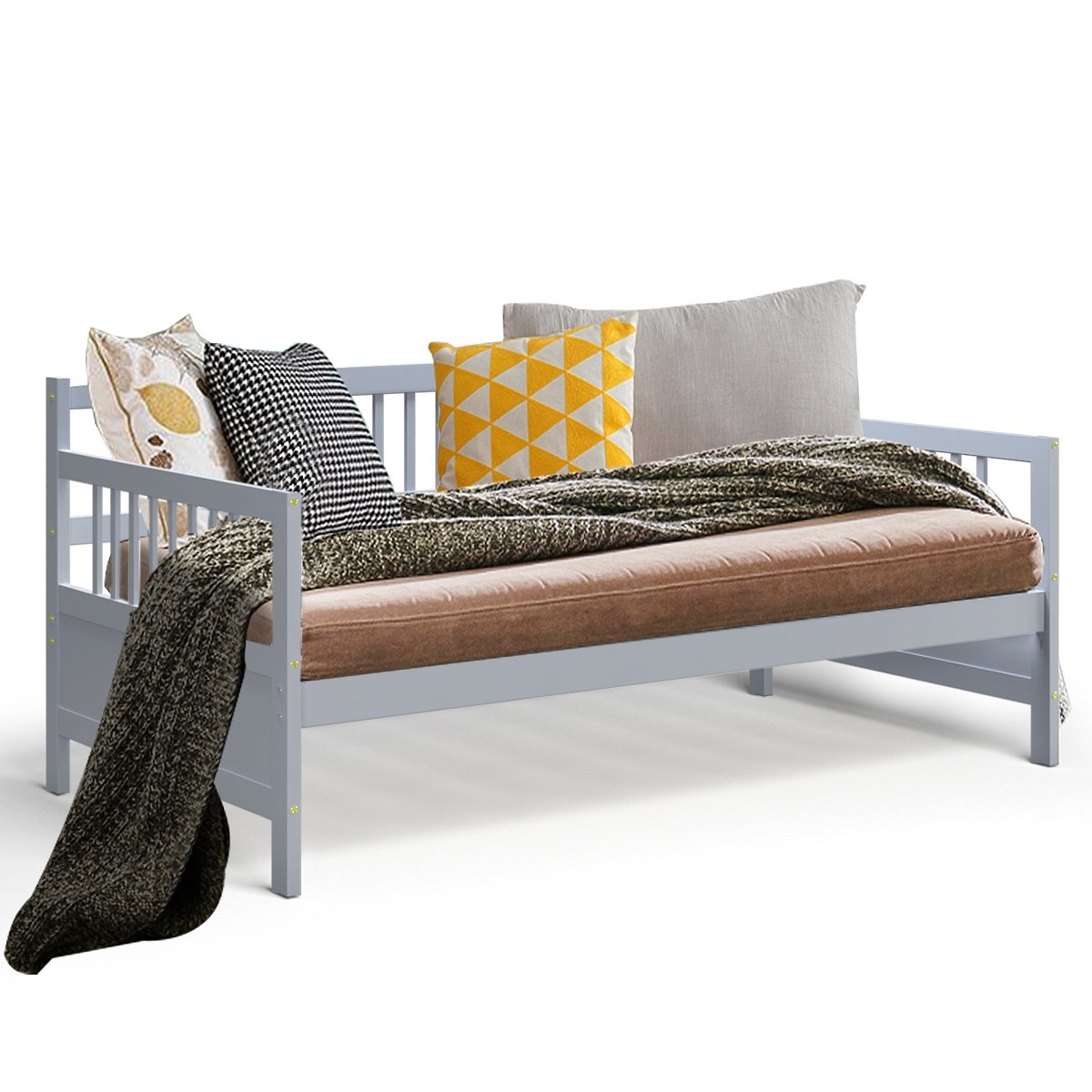 Twin Size Wooden Slats Daybed Bed with Rails, Gray - Gallery Canada