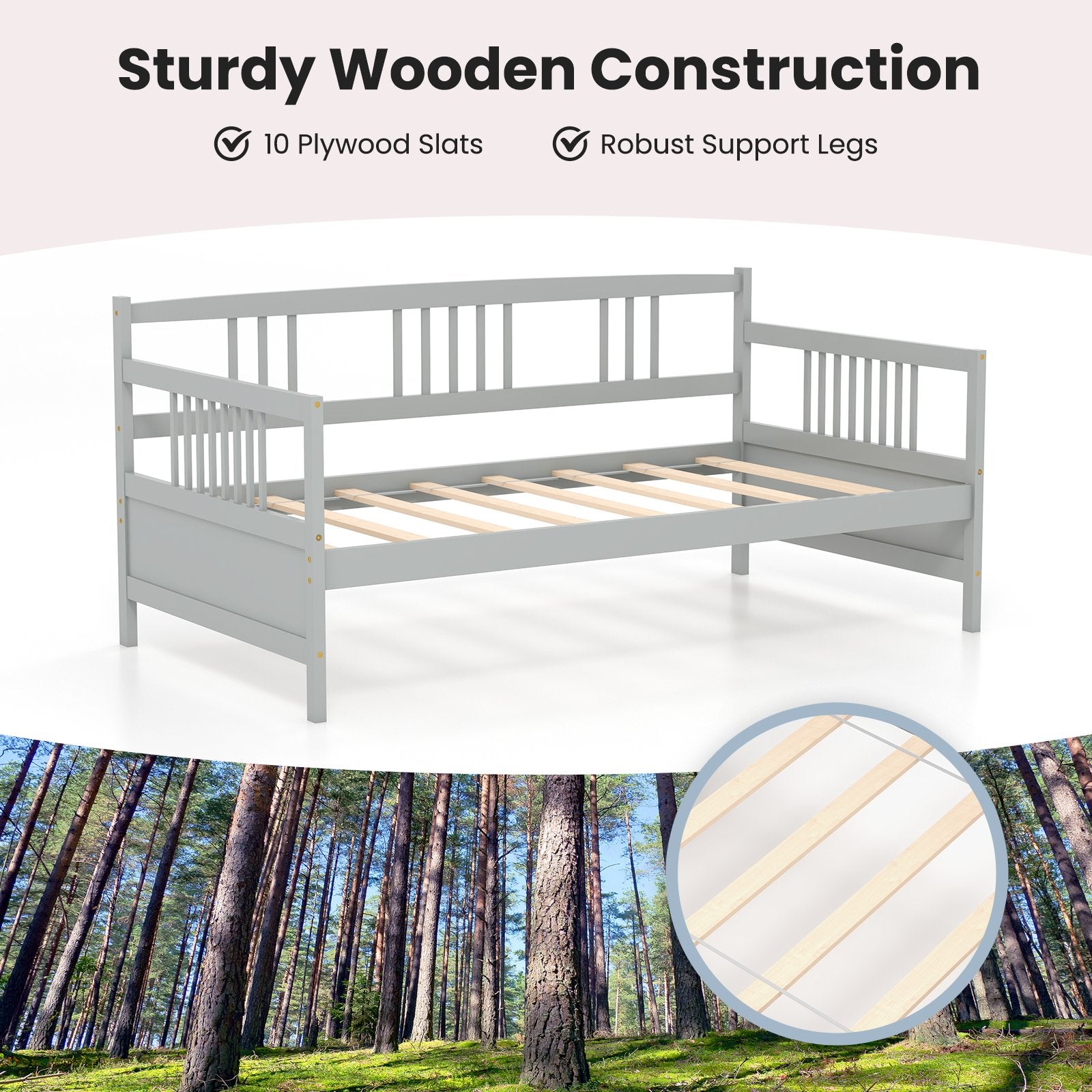 Twin Size Wooden Slats Daybed Bed with Rails, Gray Trundle Bed Frame   at Gallery Canada