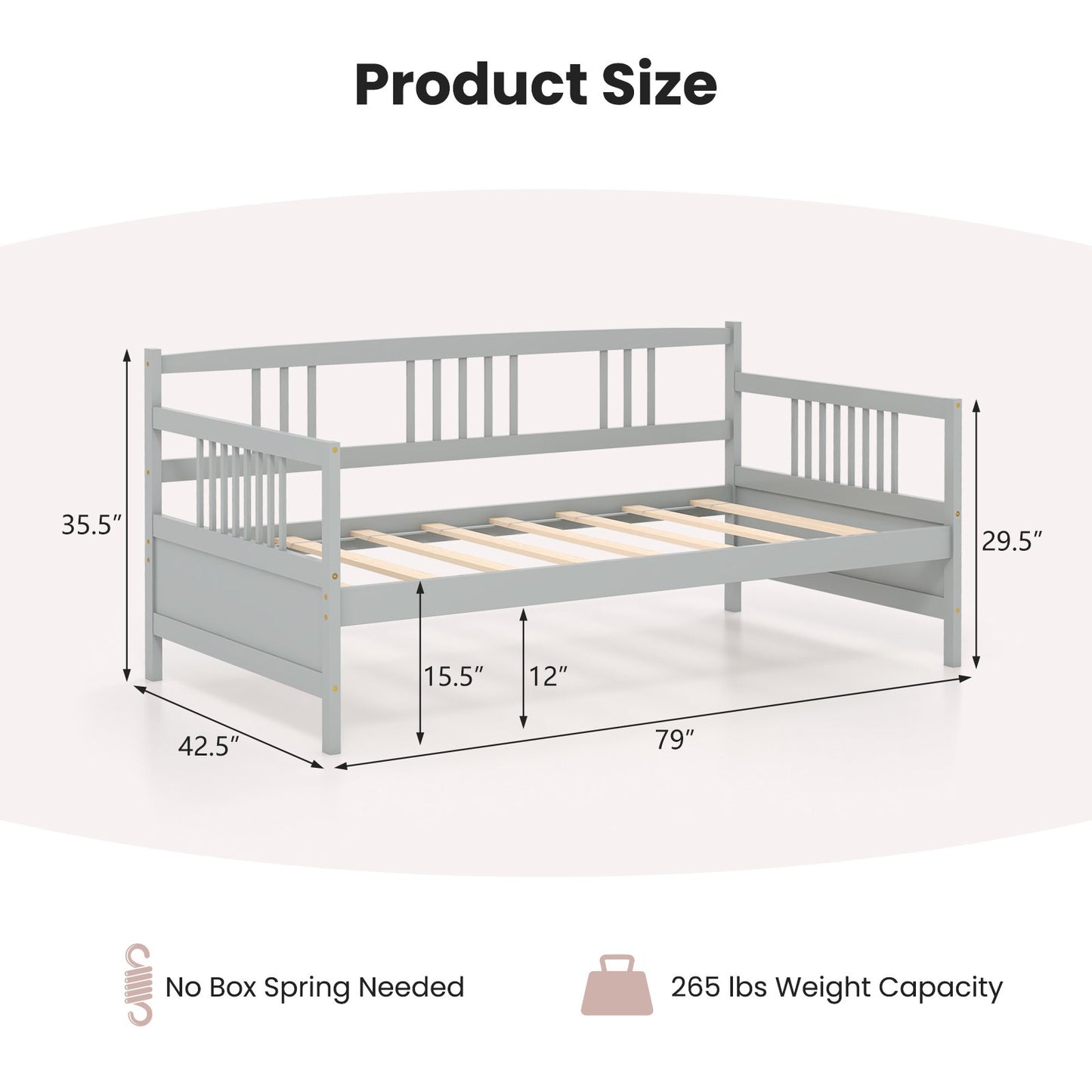 Twin Size Wooden Slats Daybed Bed with Rails, Gray Trundle Bed Frame   at Gallery Canada