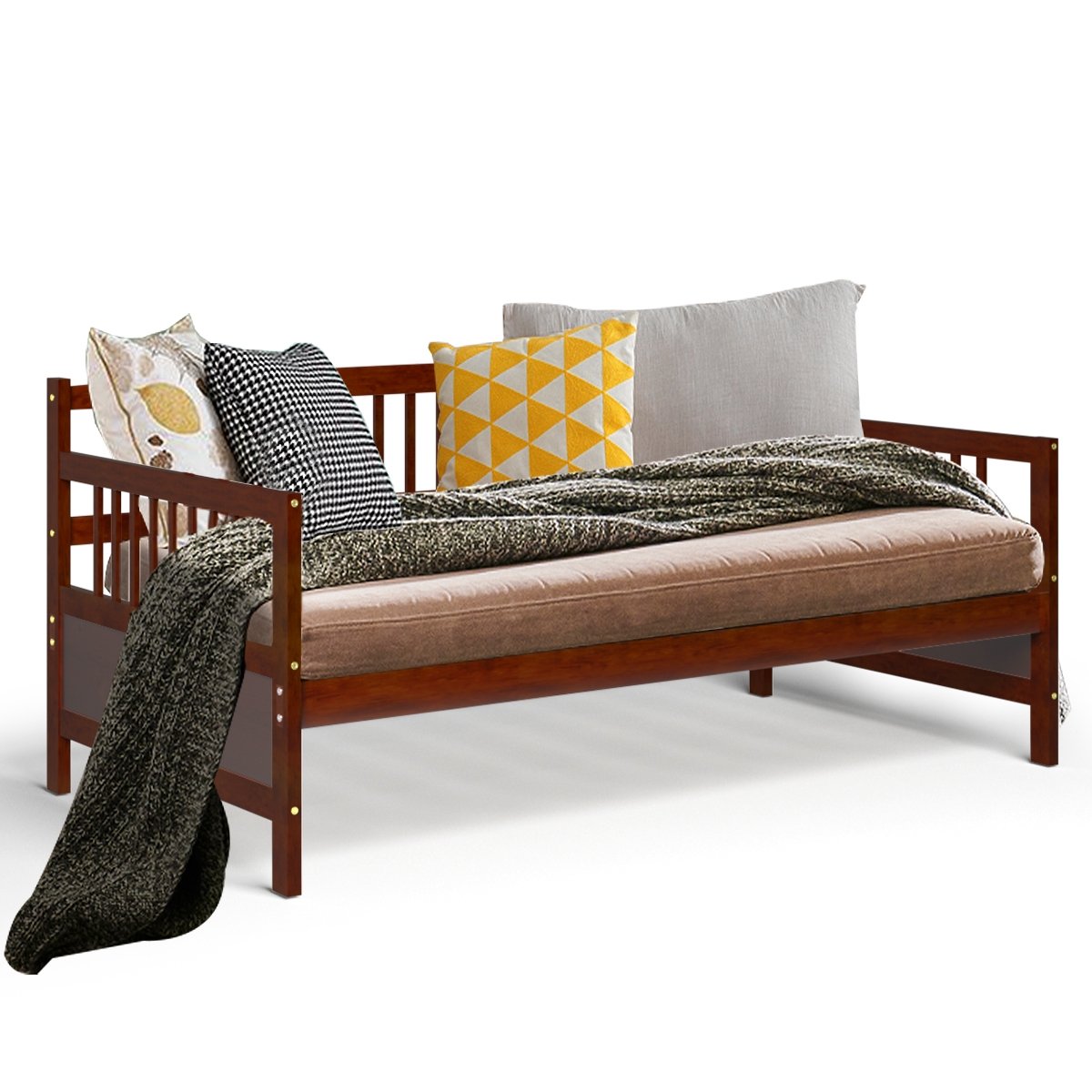 Twin Size Wooden Slats Daybed Bed with Rails, Rustic Brown Trundle Bed Frame   at Gallery Canada