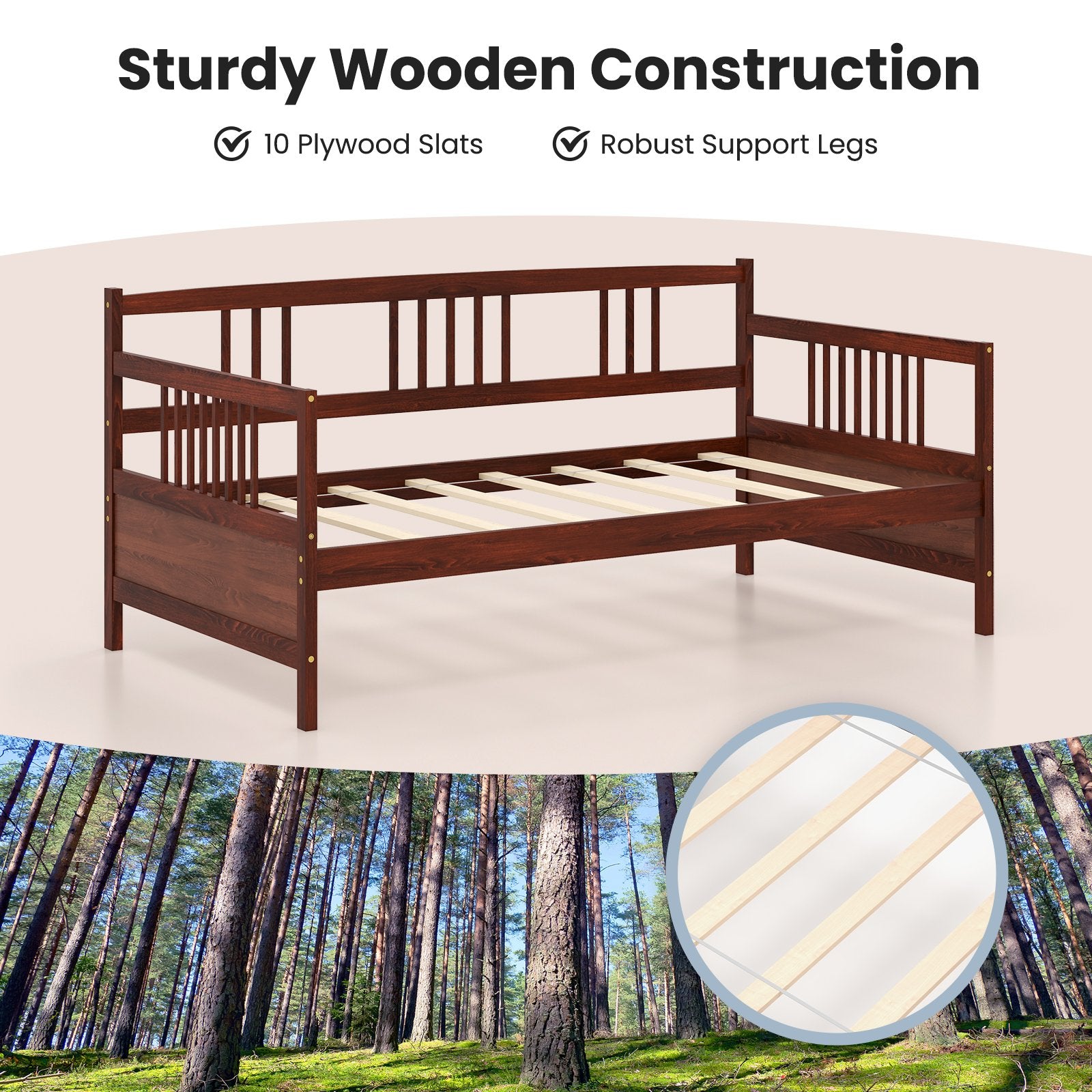 Twin Size Wooden Slats Daybed Bed with Rails, Rustic Brown Trundle Bed Frame   at Gallery Canada