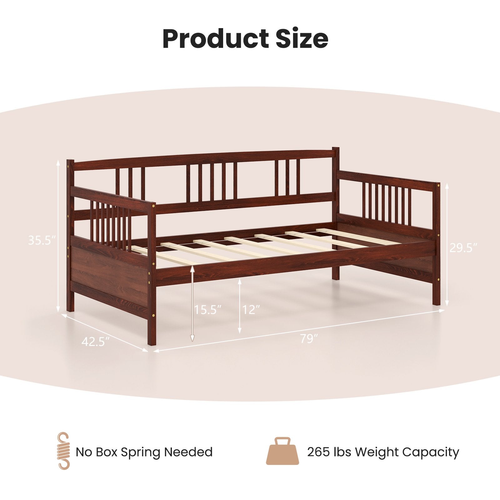 Twin Size Wooden Slats Daybed Bed with Rails, Rustic Brown Trundle Bed Frame   at Gallery Canada