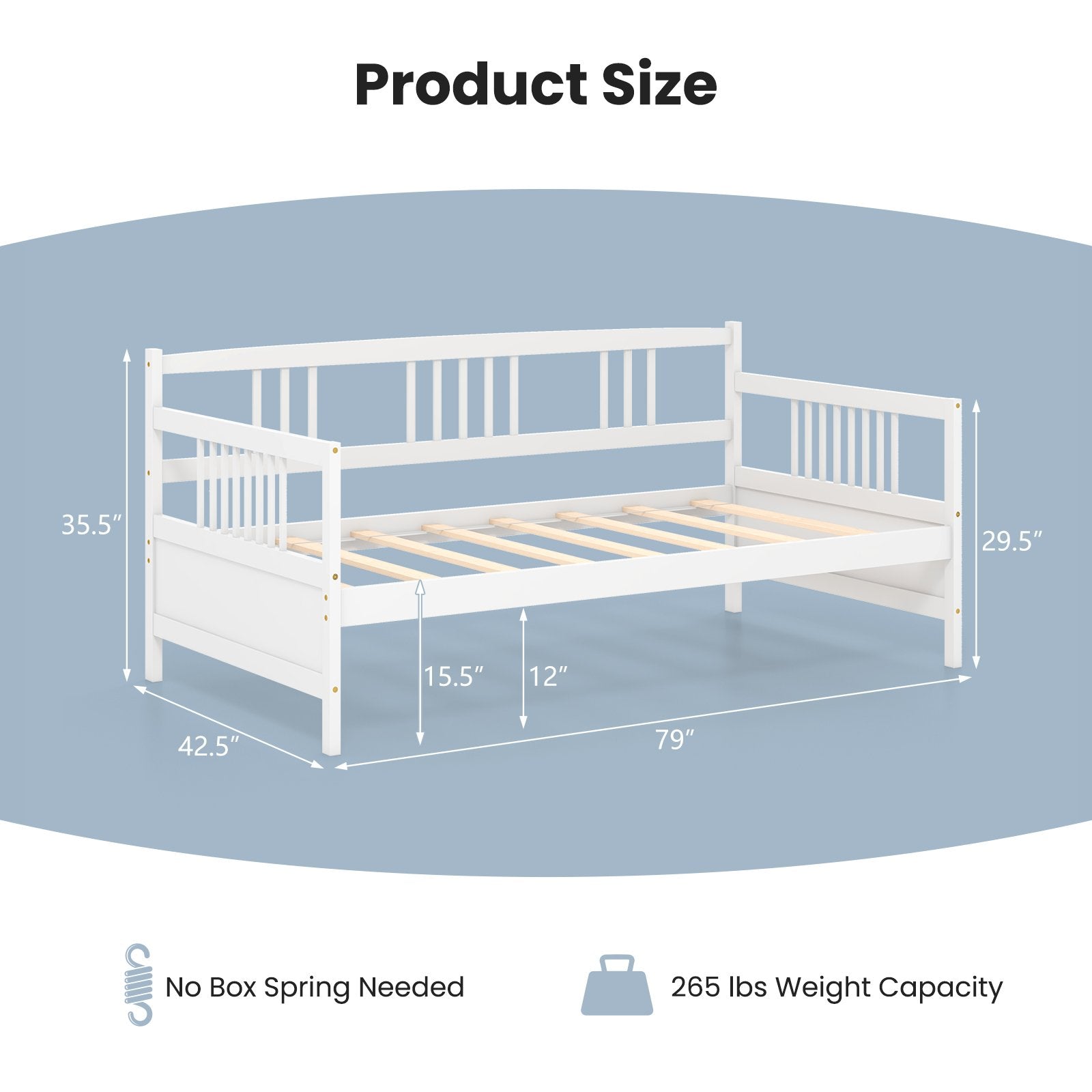 Twin Size Wooden Slats Daybed Bed with Rails, White Trundle Bed Frame   at Gallery Canada