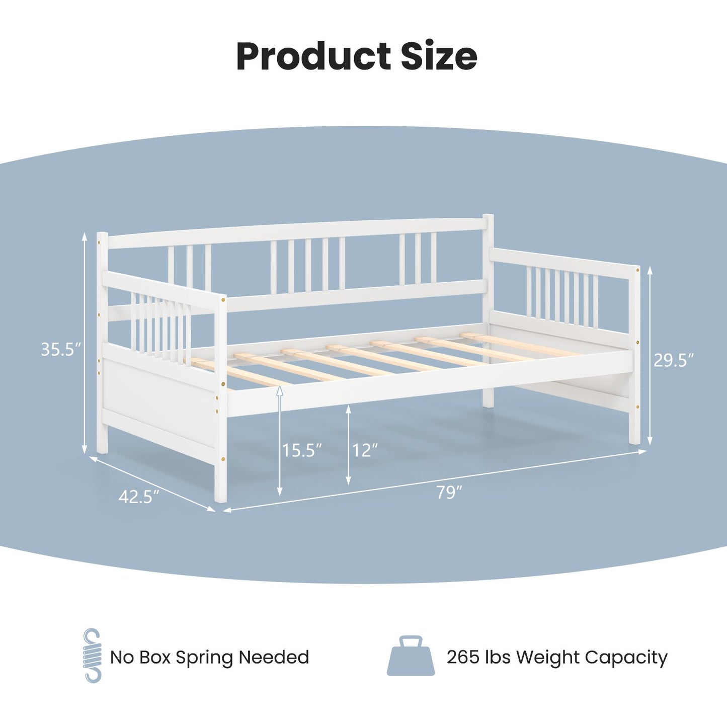 Twin Size Wooden Slats Daybed Bed with Rails, White Trundle Bed Frame   at Gallery Canada