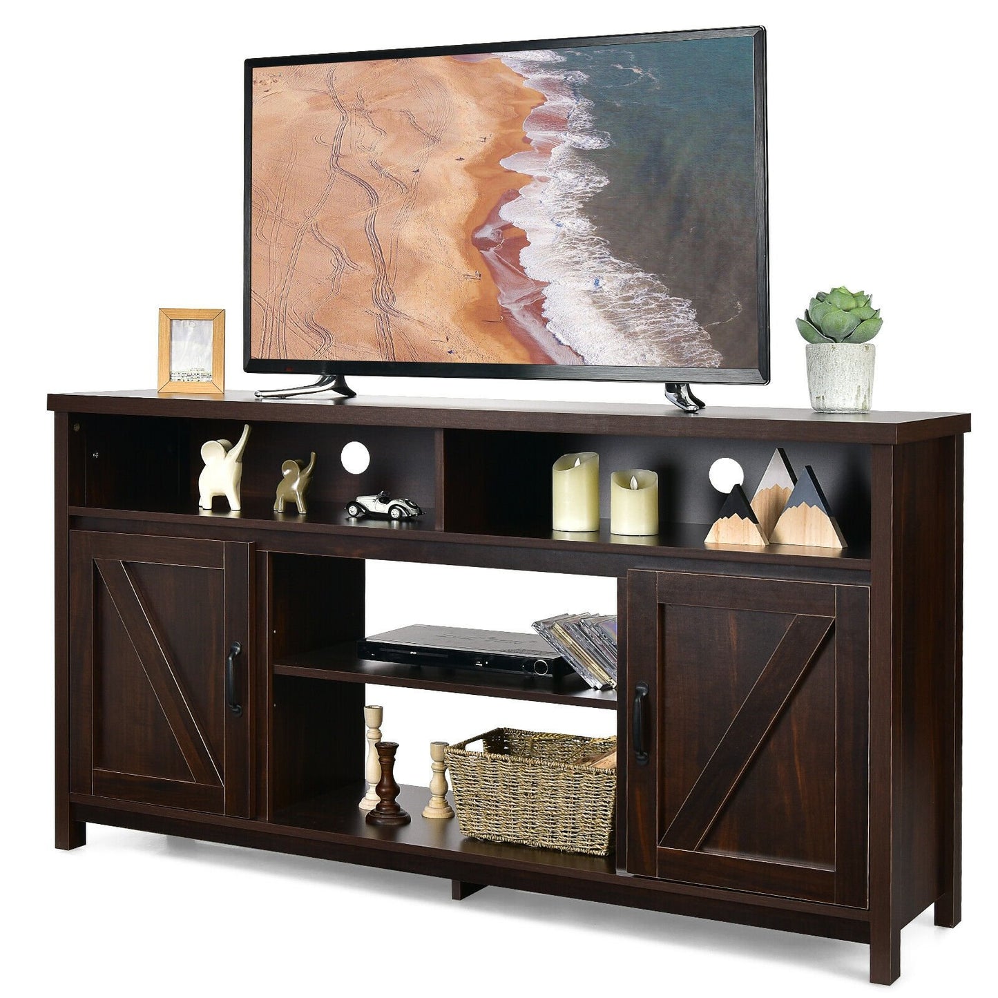 59 Inch TV Stand Media Center Console Cabinet with Barn Door for TV's 65 Inch, Brown - Gallery Canada