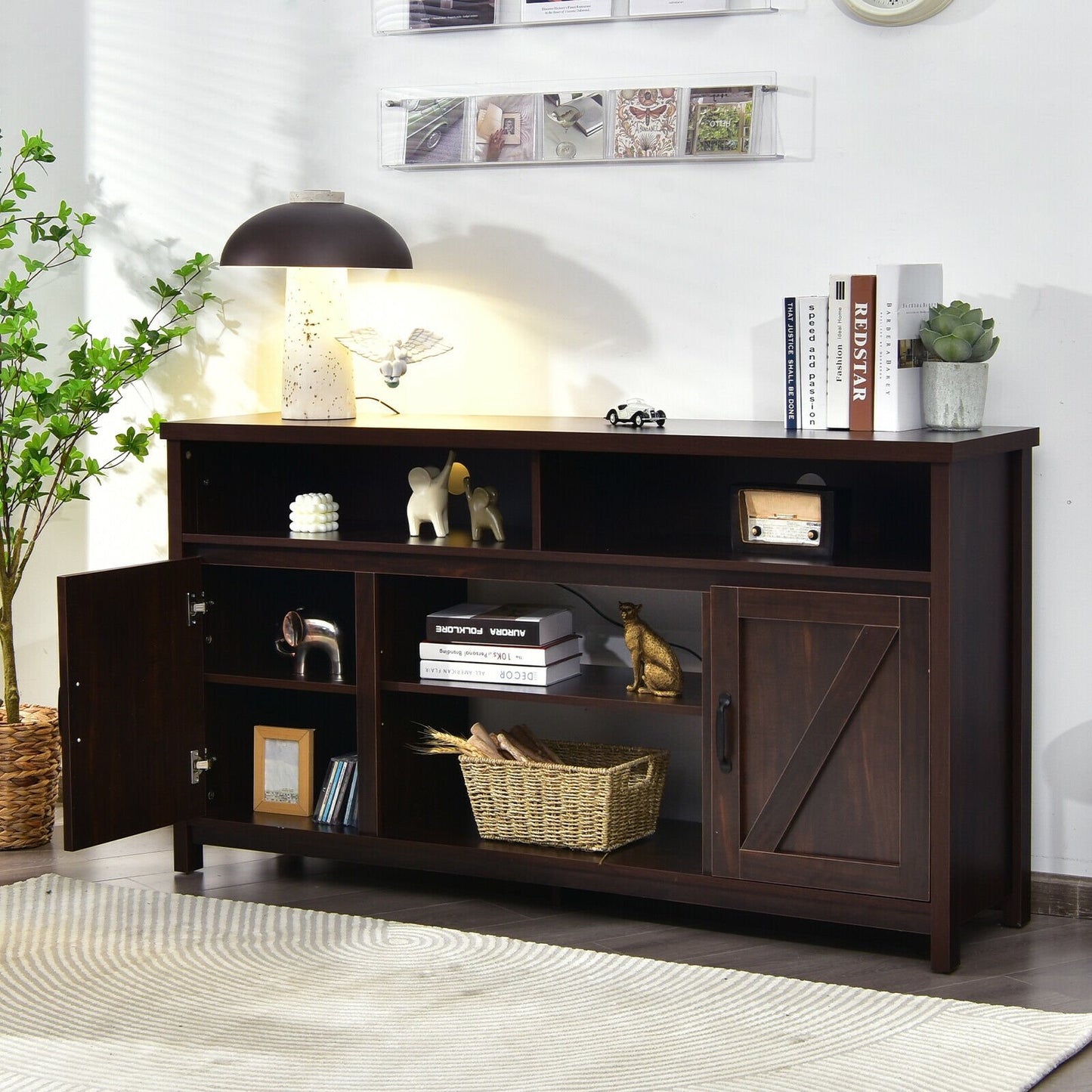 59 Inch TV Stand Media Center Console Cabinet with Barn Door for TV's 65 Inch, Brown - Gallery Canada