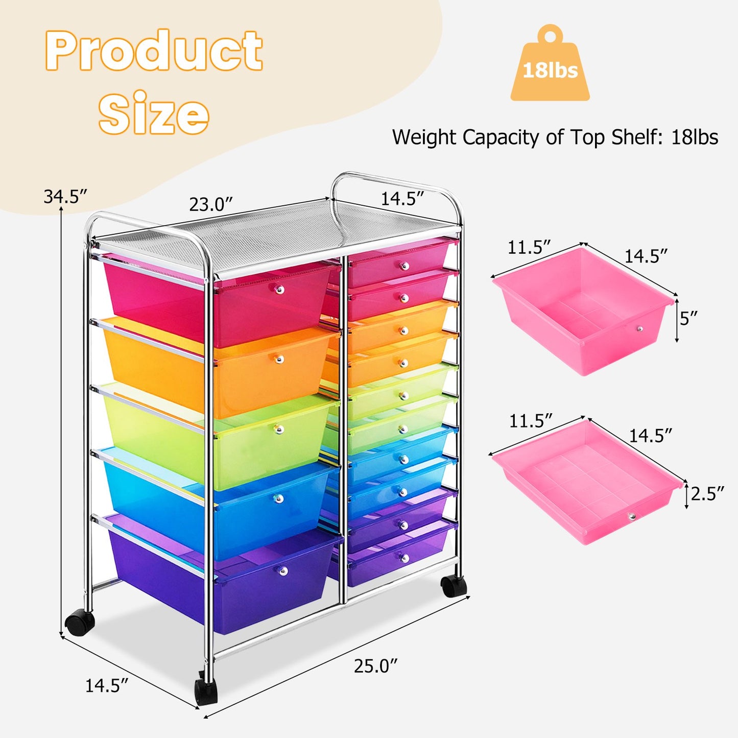 15 Drawers Rolling Storage Cart Organizer, Transparent Multicolor - Gallery Canada