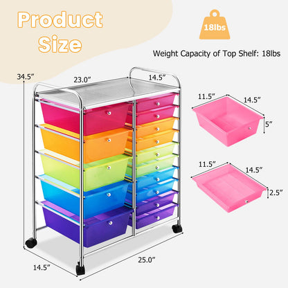 15 Drawers Rolling Storage Cart Organizer, Transparent Multicolor - Gallery Canada