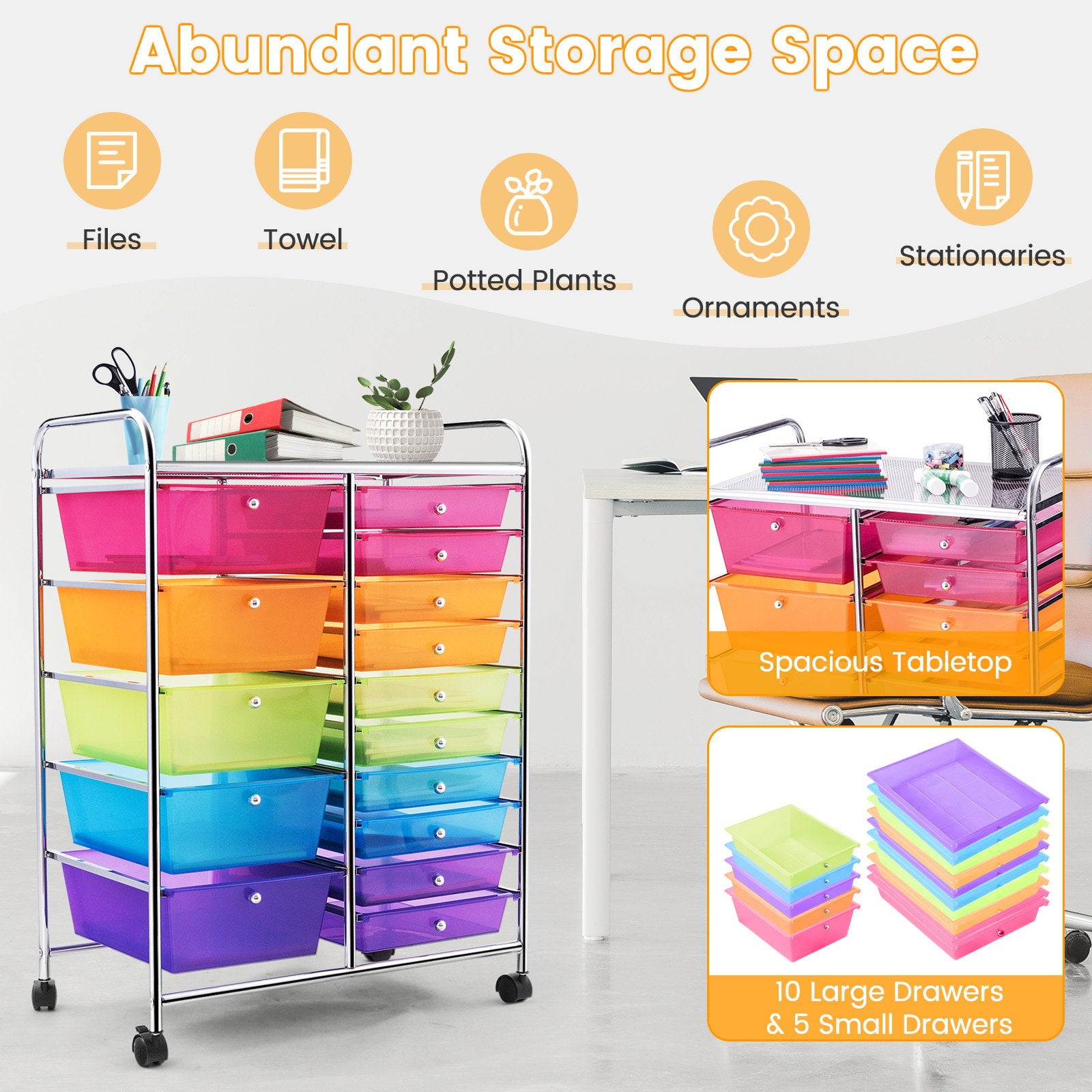 15 Drawers Rolling Storage Cart Organizer, Transparent Multicolor - Gallery Canada