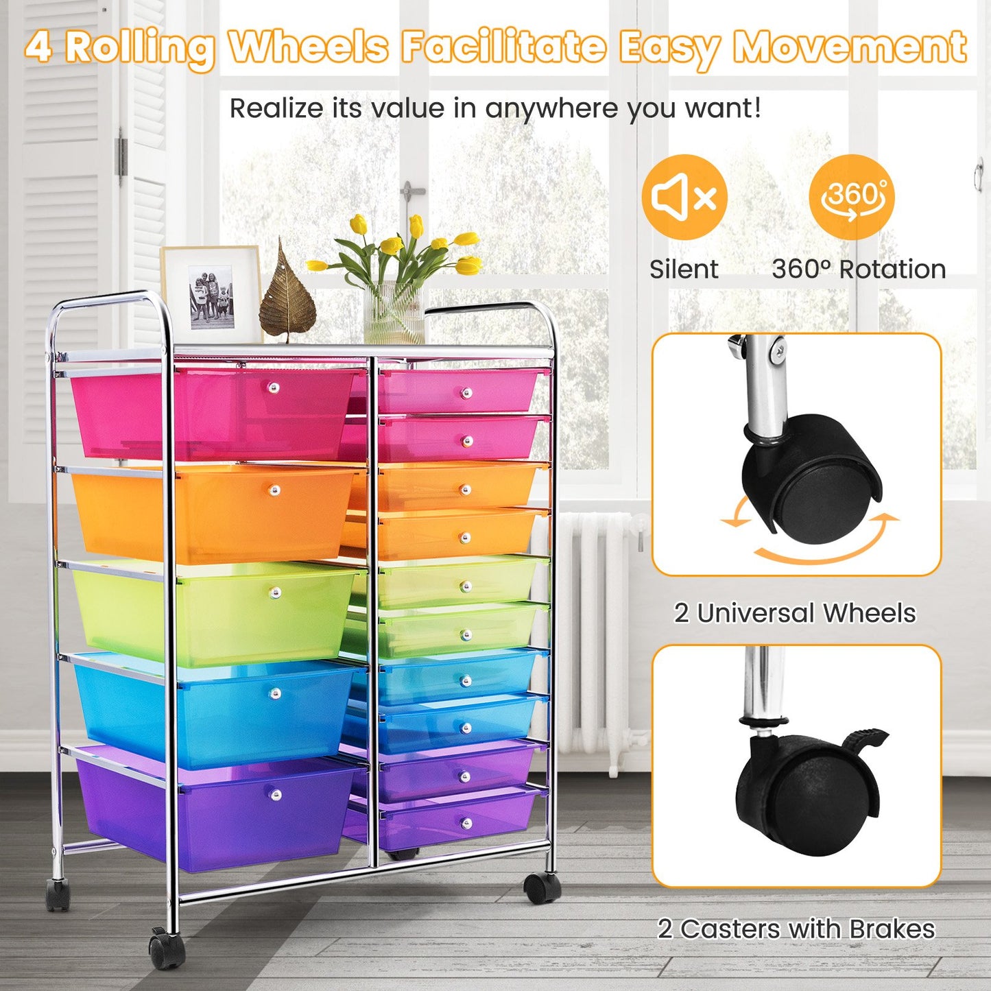 15 Drawers Rolling Storage Cart Organizer, Transparent Multicolor - Gallery Canada