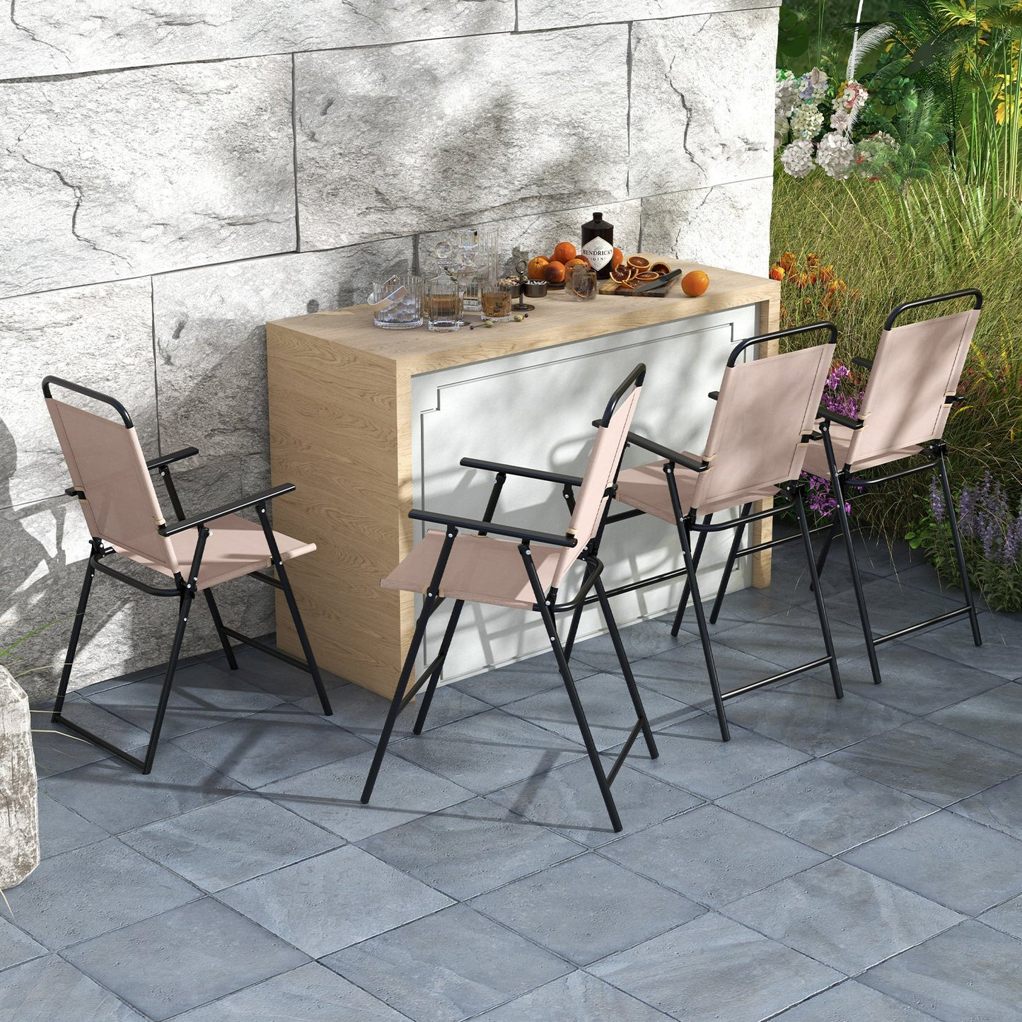 Set of 2 Patio Folding Bar-Height Chairs with Armrests and Quick-Drying Seat, Beige Patio Bar Furniture   at Gallery Canada