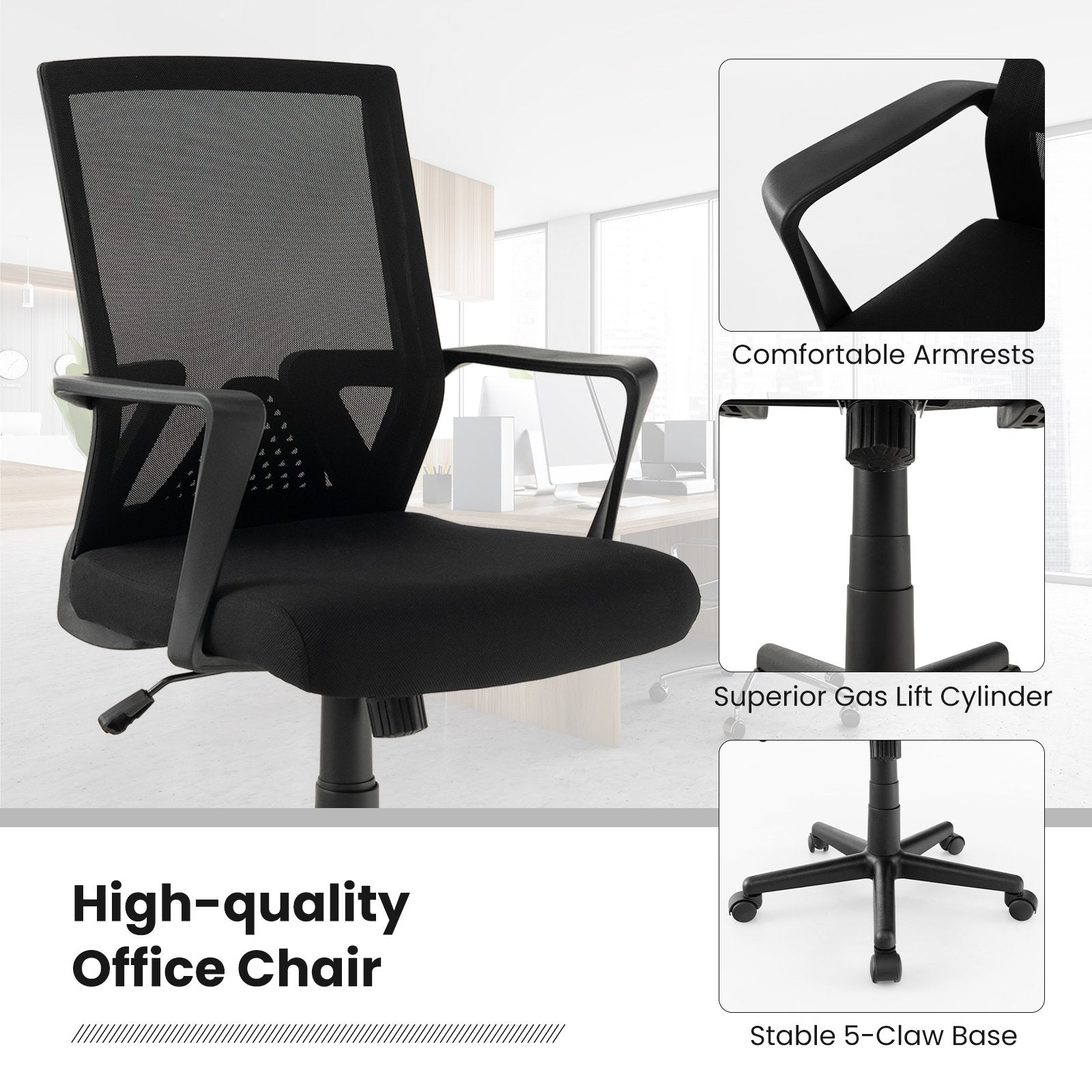 Ergonomic Desk Chair with Lumbar Support and Rocking Function, Black Mesh Chairs   at Gallery Canada