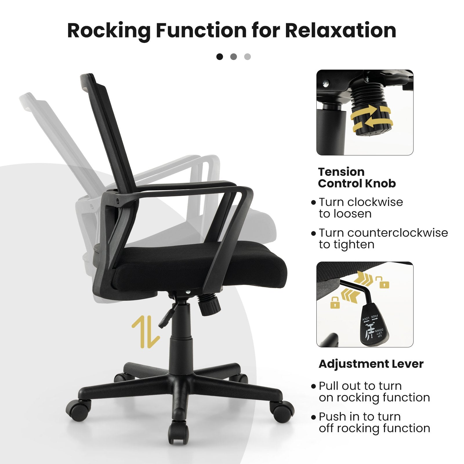 Ergonomic Desk Chair with Lumbar Support and Rocking Function, Black Mesh Chairs   at Gallery Canada