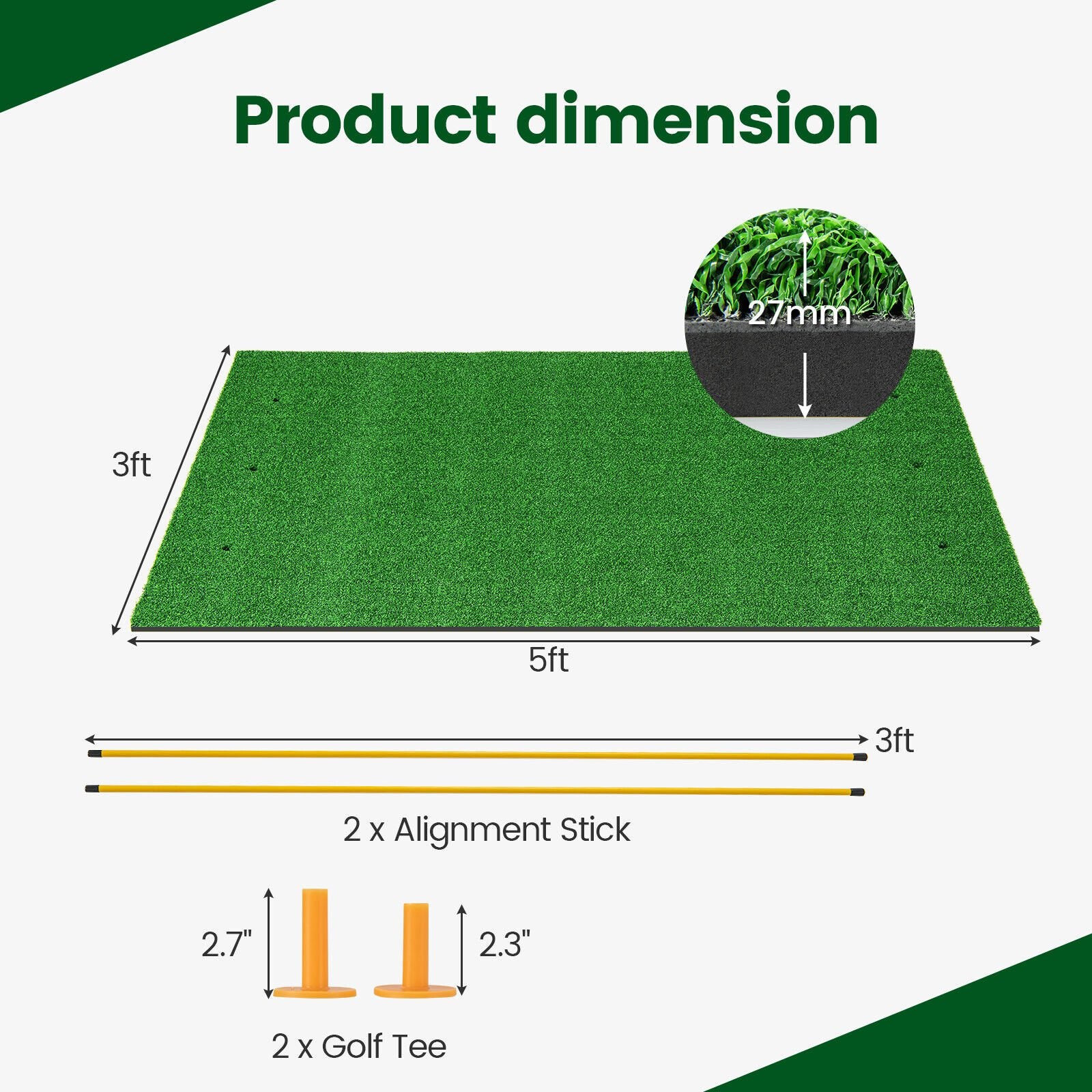 5 x 3 ft Artificial Turf Grass Practice Mat for Indoors and Outdoors-27mm, Green Golf   at Gallery Canada