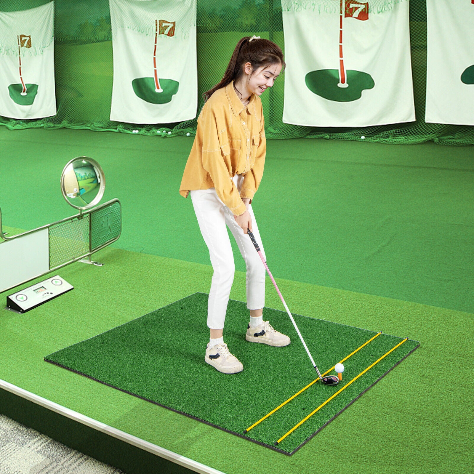 Artificial Turf Mat for Indoor and Outdoor Golf Practice Includes 2 Rubber Tees and 2 Alignment Sticks-27mm, Green Golf at Gallery Canada