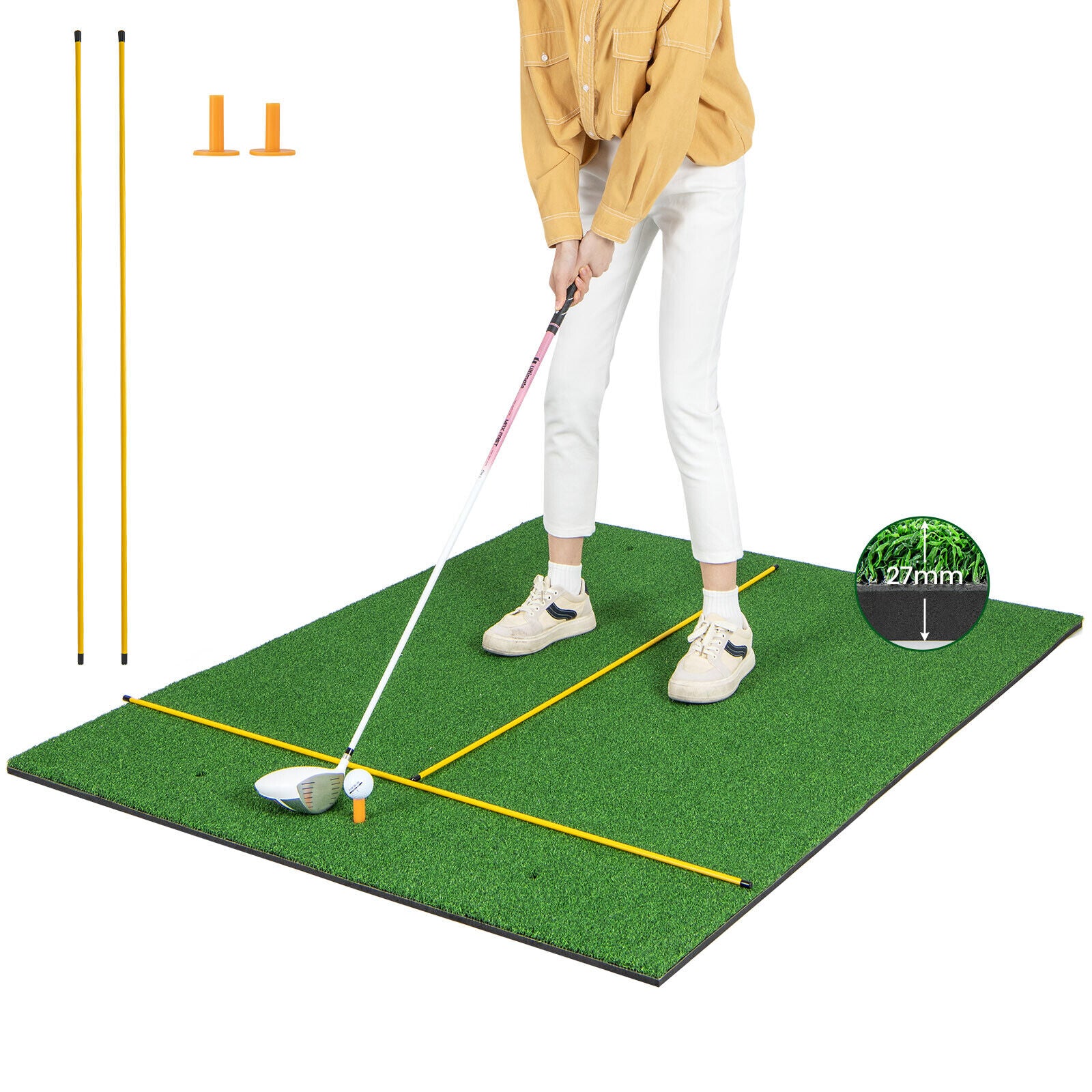 Artificial Turf Mat for Indoor and Outdoor Golf Practice Includes 2 Rubber Tees and 2 Alignment Sticks-27mm, Green Golf at Gallery Canada