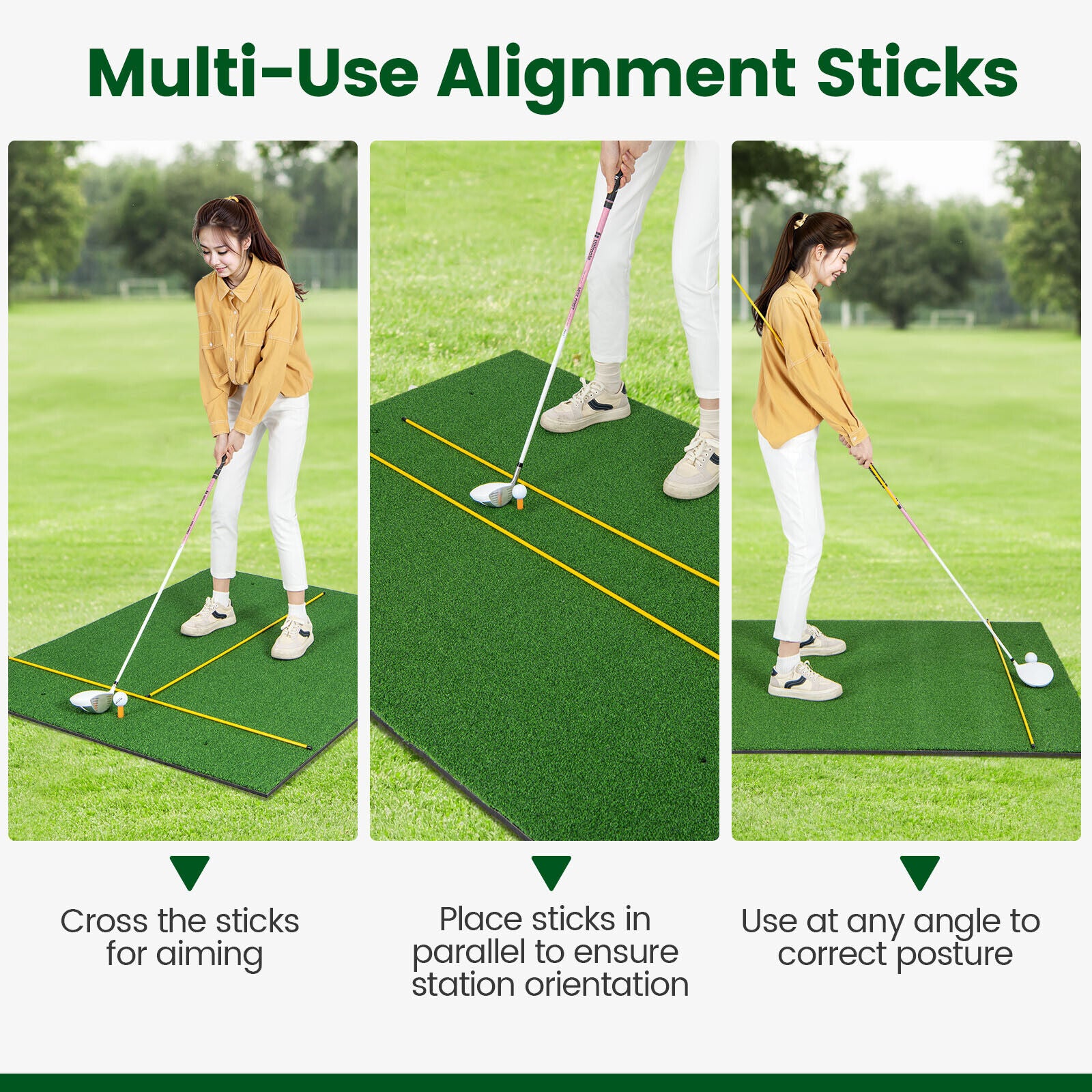 Artificial Turf Mat for Indoor and Outdoor Golf Practice Includes 2 Rubber Tees and 2 Alignment Sticks-27mm, Green Golf at Gallery Canada