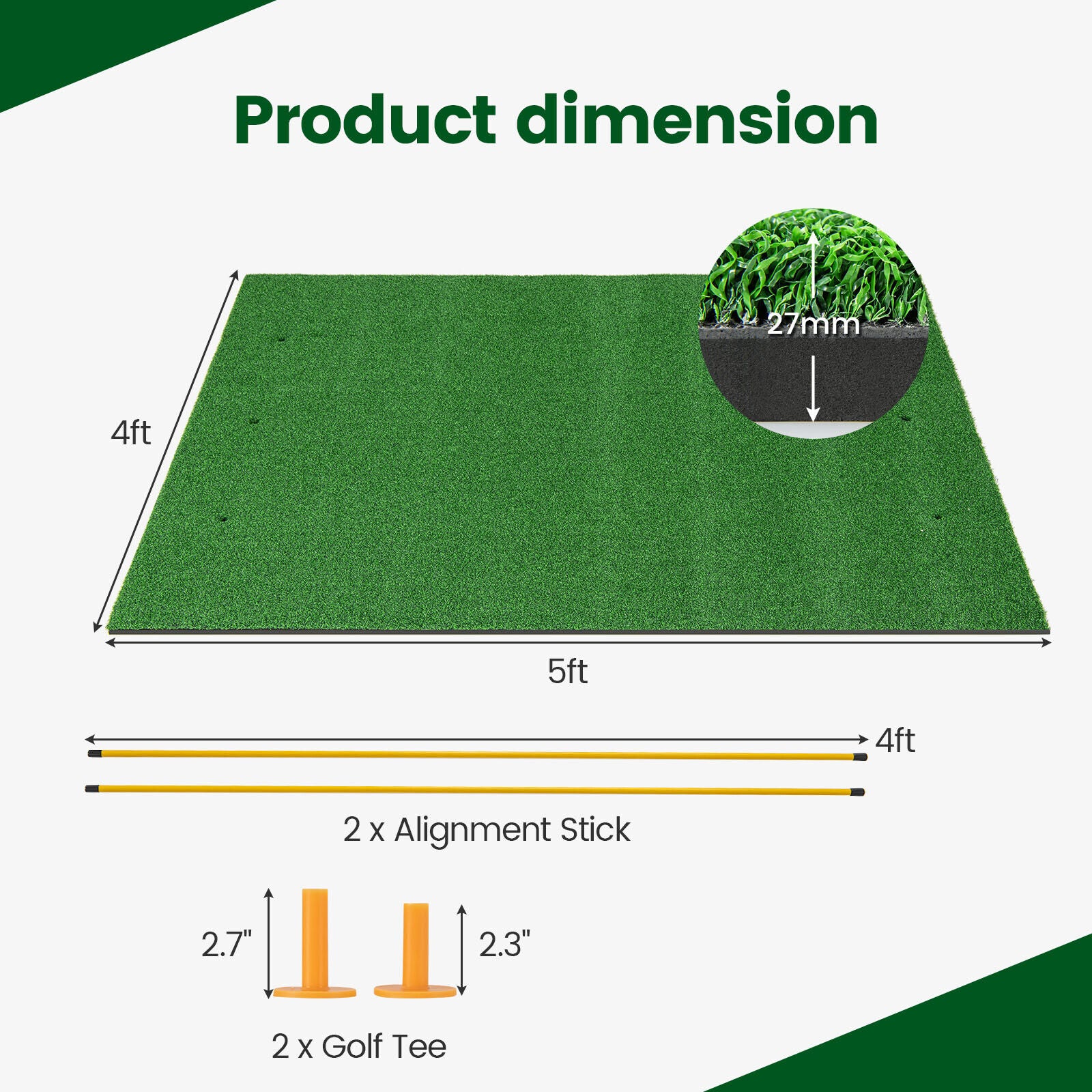 Artificial Turf Mat for Indoor and Outdoor Golf Practice Includes 2 Rubber Tees and 2 Alignment Sticks-27mm, Green Golf at Gallery Canada