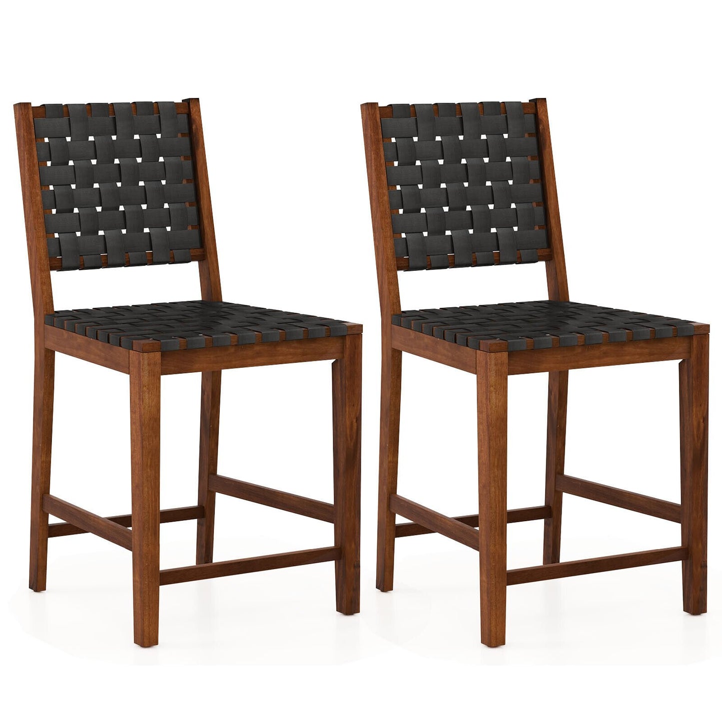 Set of 2 Woven Bar Stools with Faux PU Leather Straps, Black Bar Stools   at Gallery Canada