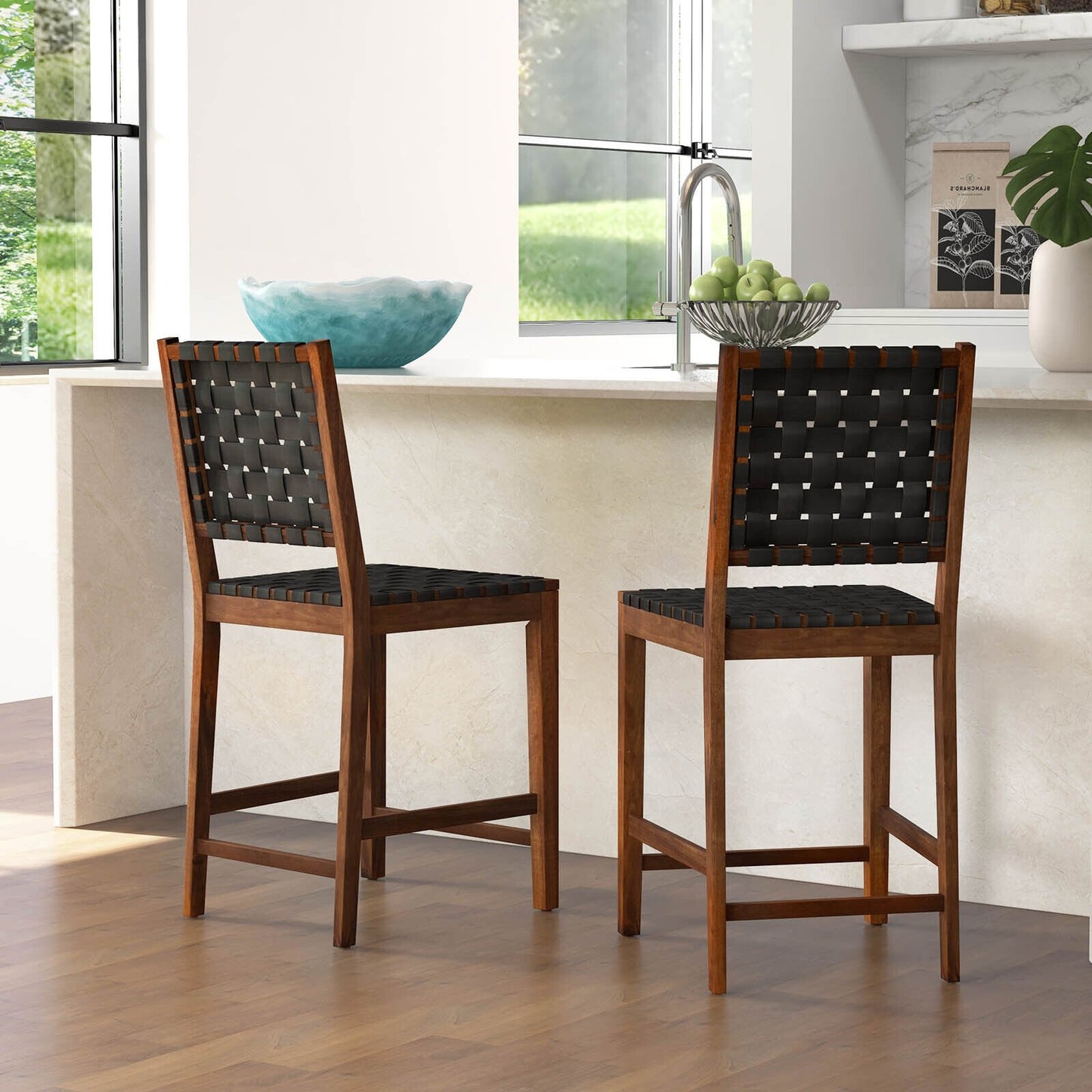 Set of 2 Woven Bar Stools with Faux PU Leather Straps, Black Bar Stools   at Gallery Canada