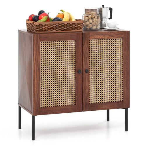 Kitchen Sideboard with 2 Rattan Doors and Adjustable Shelf, Walnut