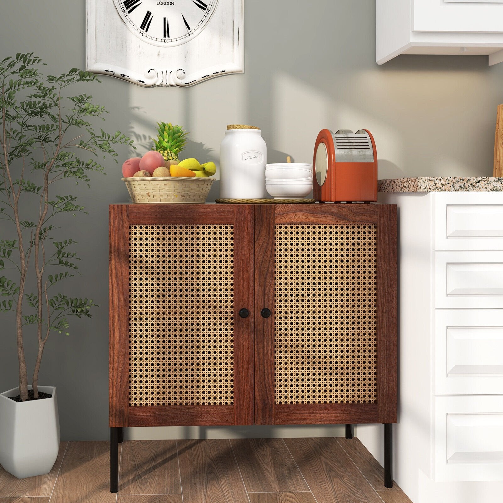 Kitchen Sideboard with 2 Rattan Doors and Adjustable Shelf, Walnut Sideboards Cabinets & Buffets   at Gallery Canada