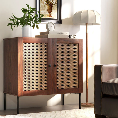 Kitchen Sideboard with 2 Rattan Doors and Adjustable Shelf, Walnut