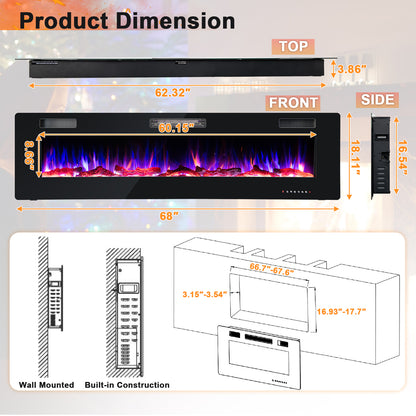 68 Inch Ultra-Thin Electric Fireplace Recessed Wall Mounted with Crystal Log Decoration, Black Fireplaces   at Gallery Canada