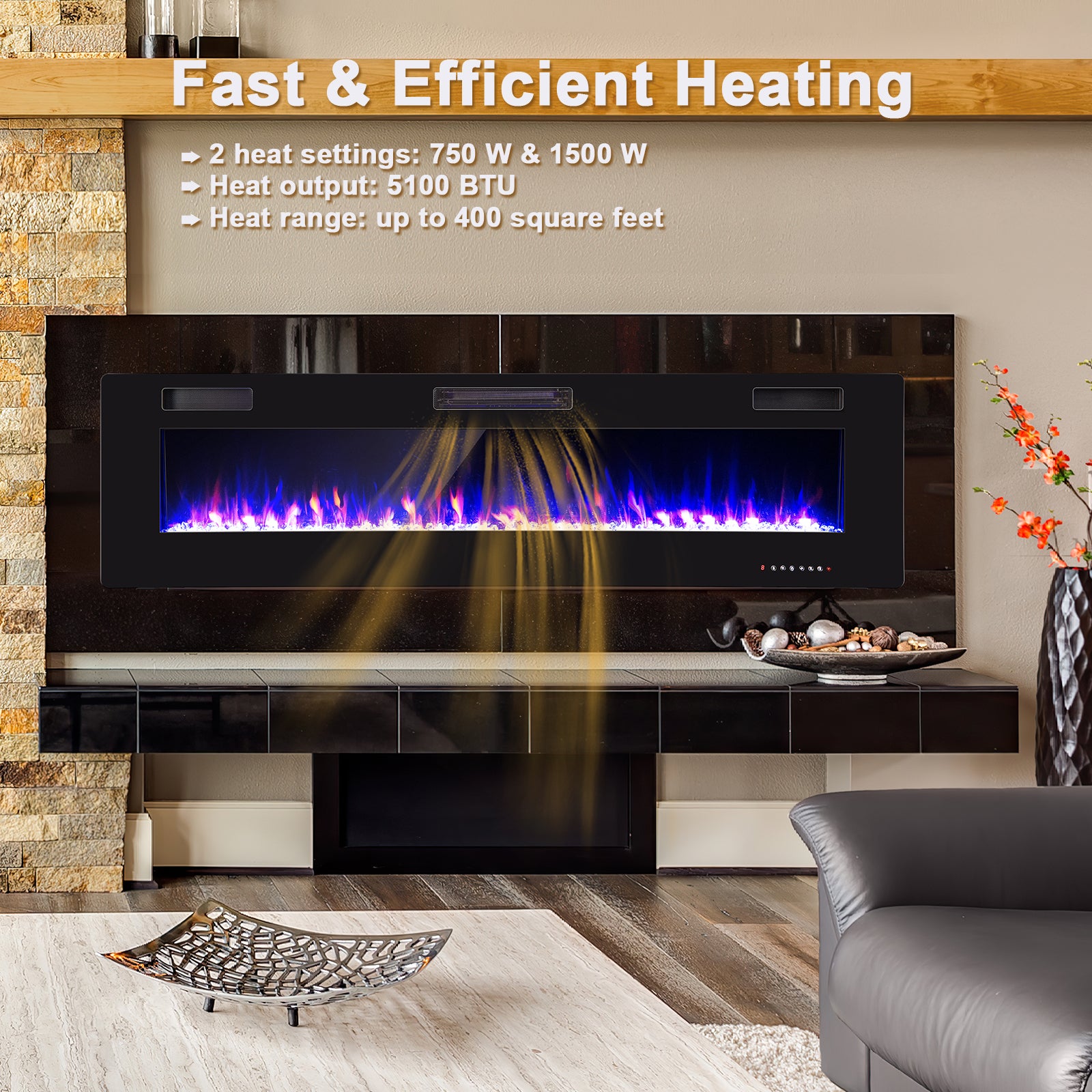 68 Inch Ultra-Thin Electric Fireplace Recessed Wall Mounted with Crystal Log Decoration, Black Fireplaces   at Gallery Canada