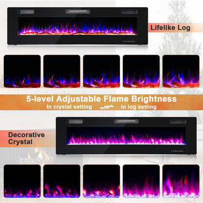 68 Inch Ultra-Thin Electric Fireplace Recessed Wall Mounted with Crystal Log Decoration, Black Fireplaces   at Gallery Canada