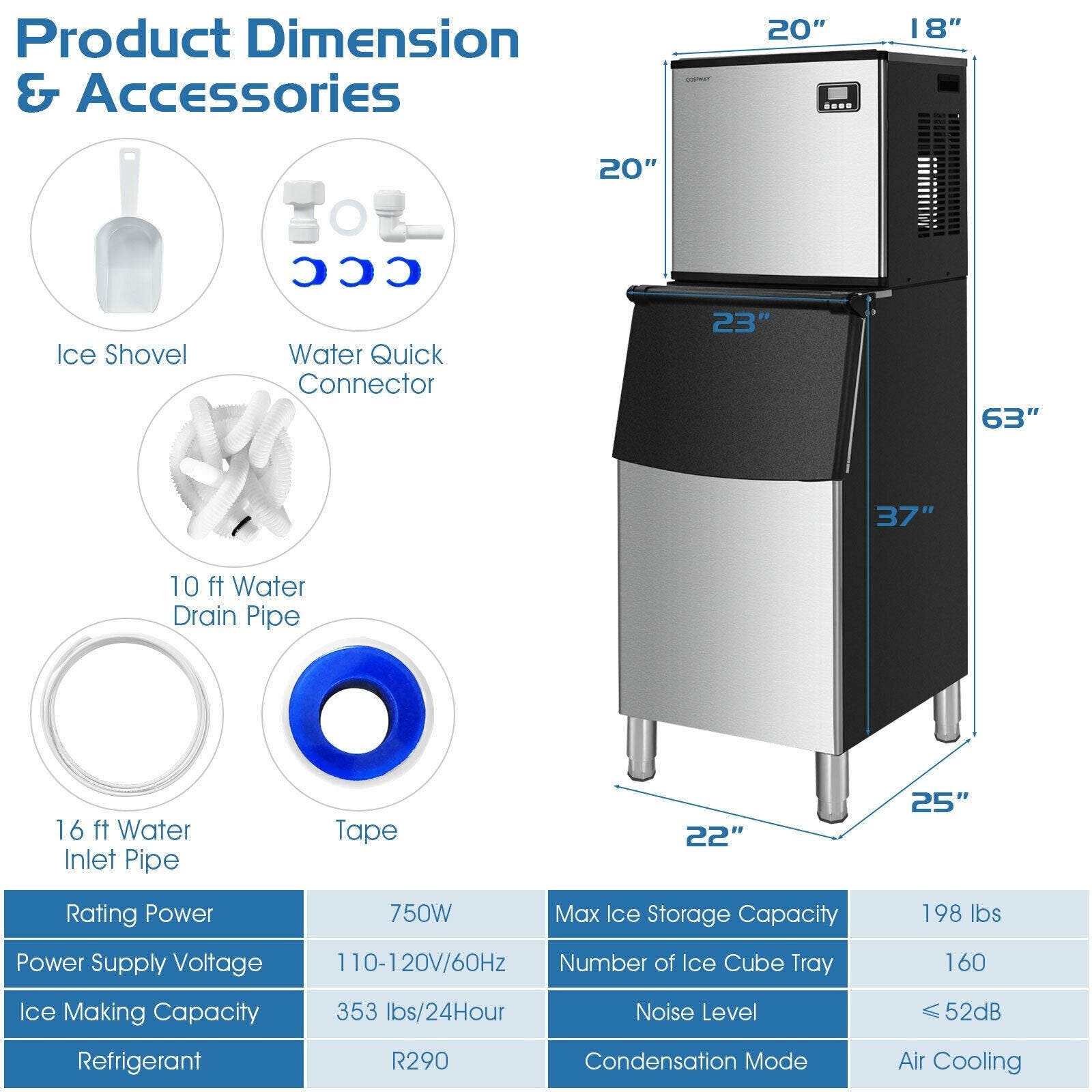 353LBS/24H Split Commercial Ice Maker with 198 LBS Storage Bin, Silver Ice Makers   at Gallery Canada