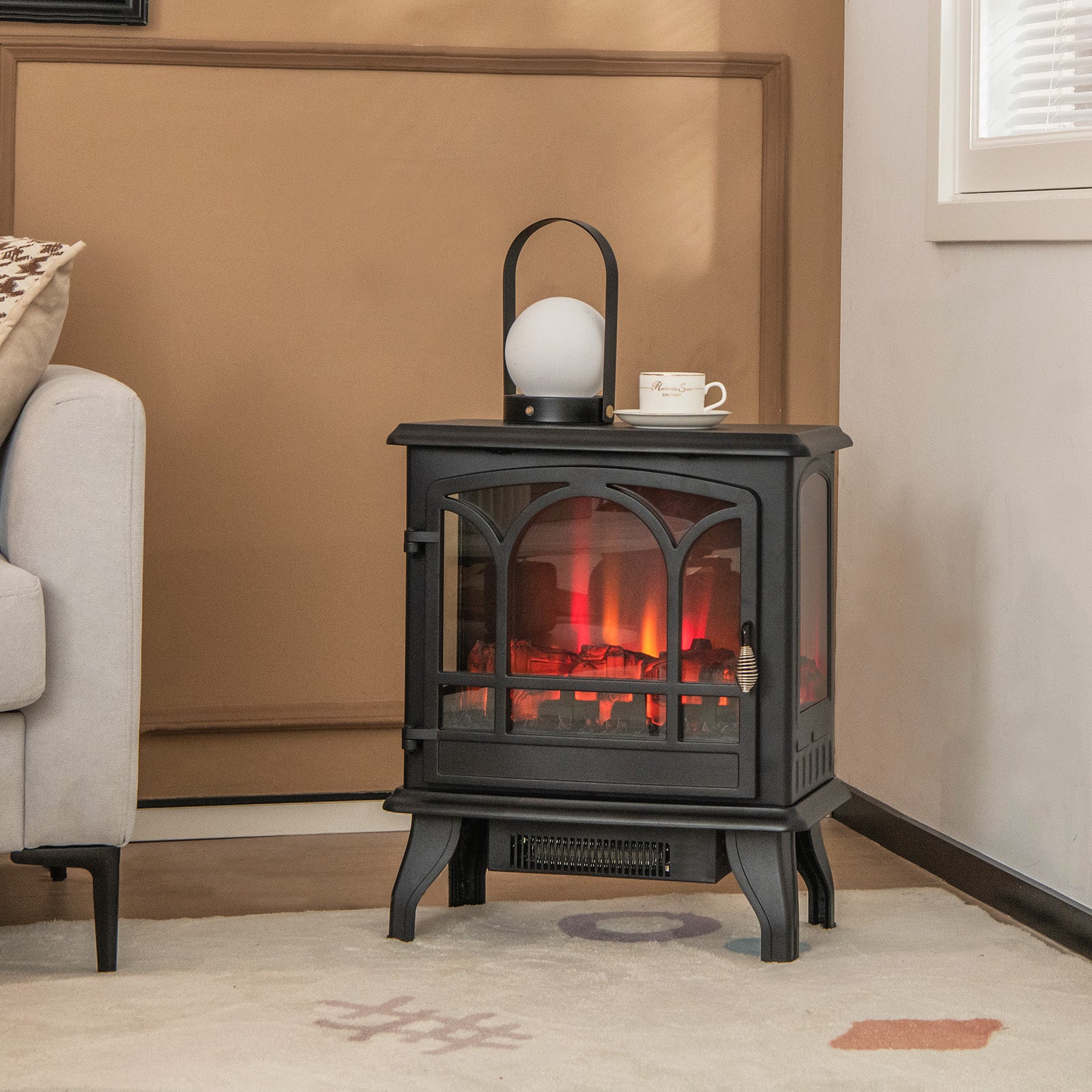 1400W Electric Stove Heater with 3-Level Flame Effect and 3-Sided View, Black Fireplaces   at Gallery Canada