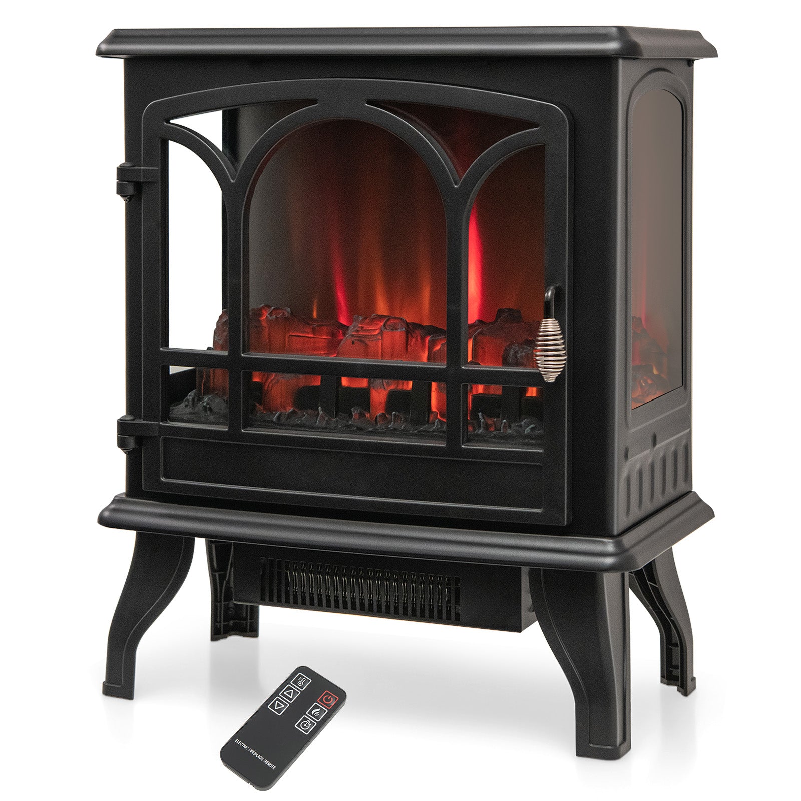 1400W Electric Stove Heater with 3-Level Flame Effect and 3-Sided View, Black Fireplaces Black  at Gallery Canada