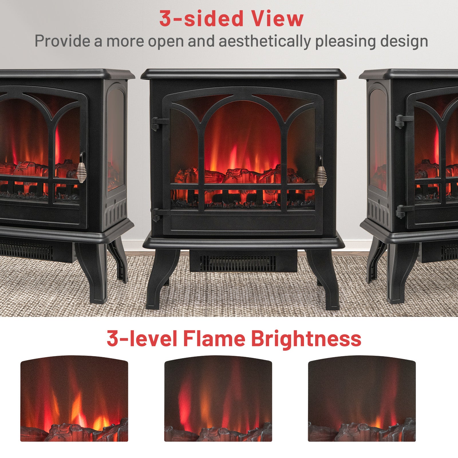 1400W Electric Stove Heater with 3-Level Flame Effect and 3-Sided View, Black Fireplaces   at Gallery Canada