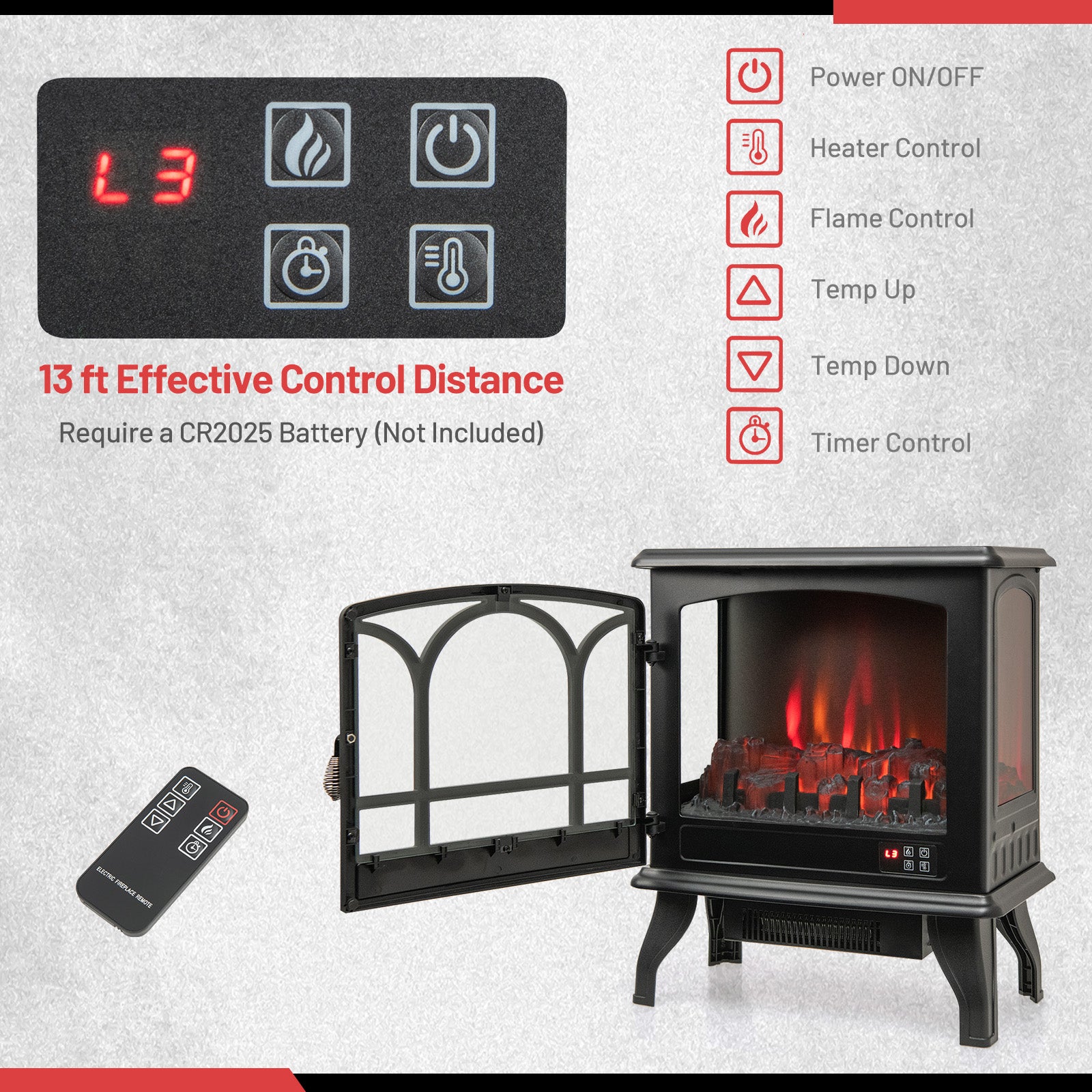 1400W Electric Stove Heater with 3-Level Flame Effect and 3-Sided View, Black Fireplaces   at Gallery Canada