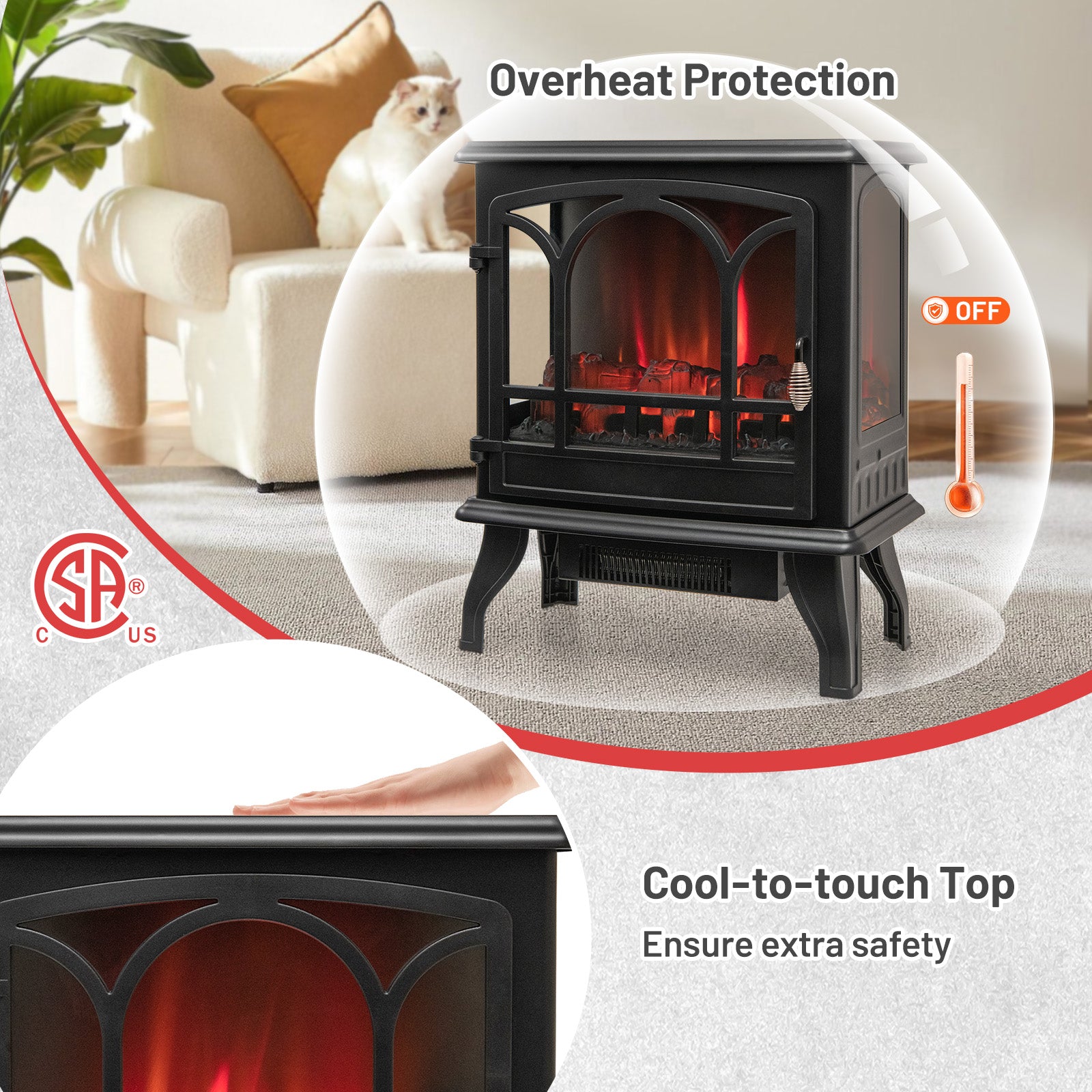 1400W Electric Stove Heater with 3-Level Flame Effect and 3-Sided View, Black Fireplaces   at Gallery Canada