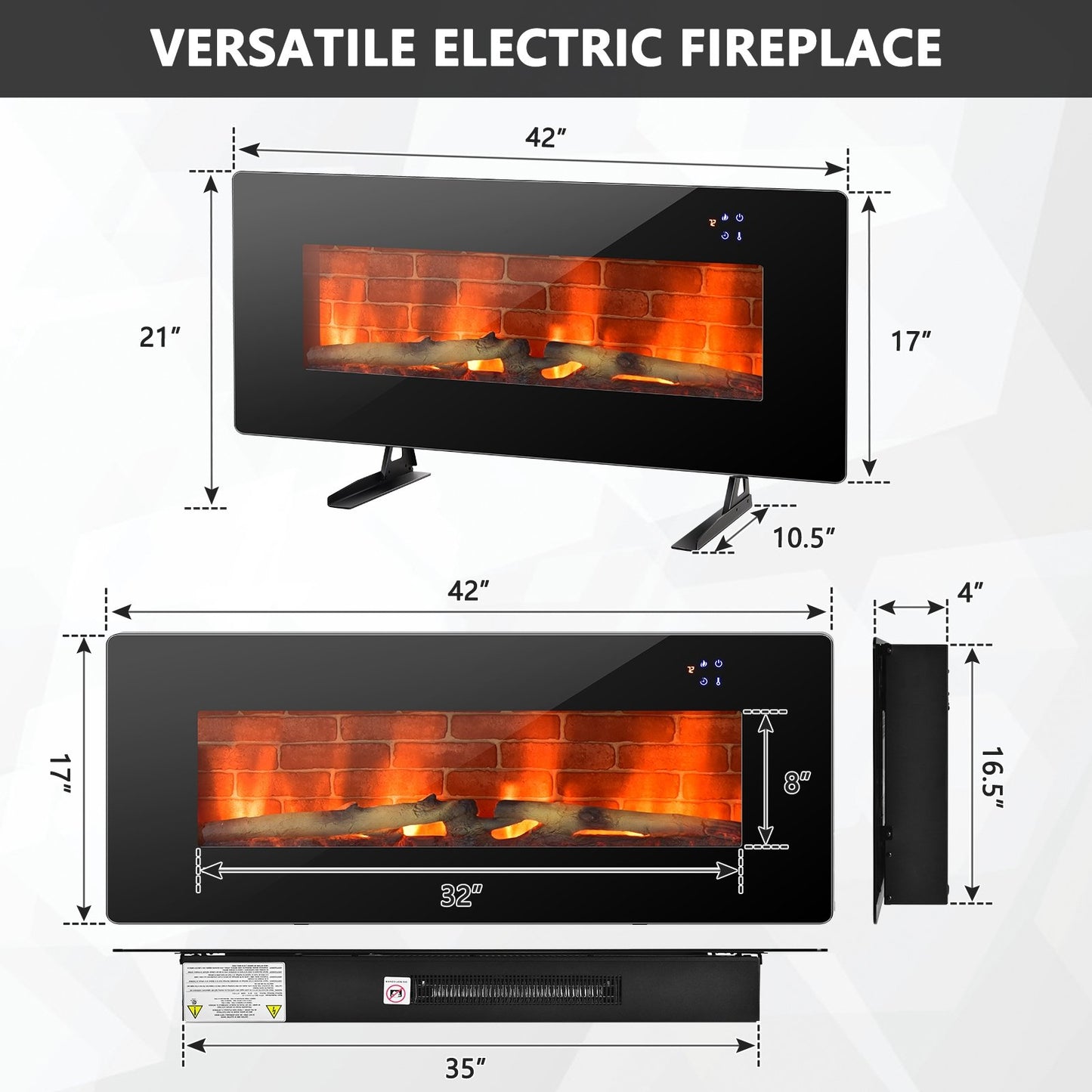 42 Inch Electric Wall Mounted Freestanding Fireplace with Remote Control, Black - Gallery Canada