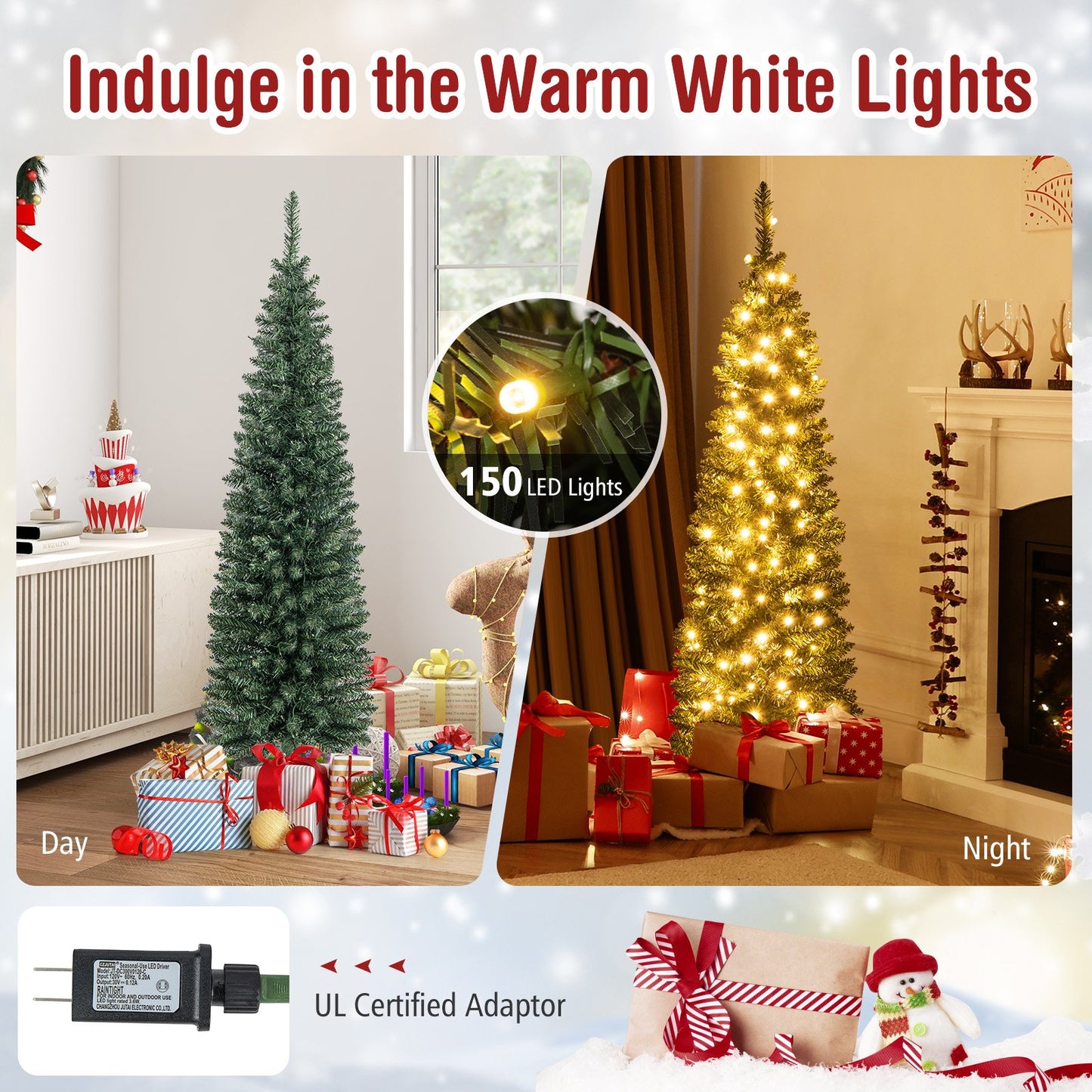 5/6/7/8/9 Feet Pre-lit Pencil Artificial Christmas Tree with 150/180/200//300/400 Warm White LED Lights-5 ft, Green Christmas Tree   at Gallery Canada