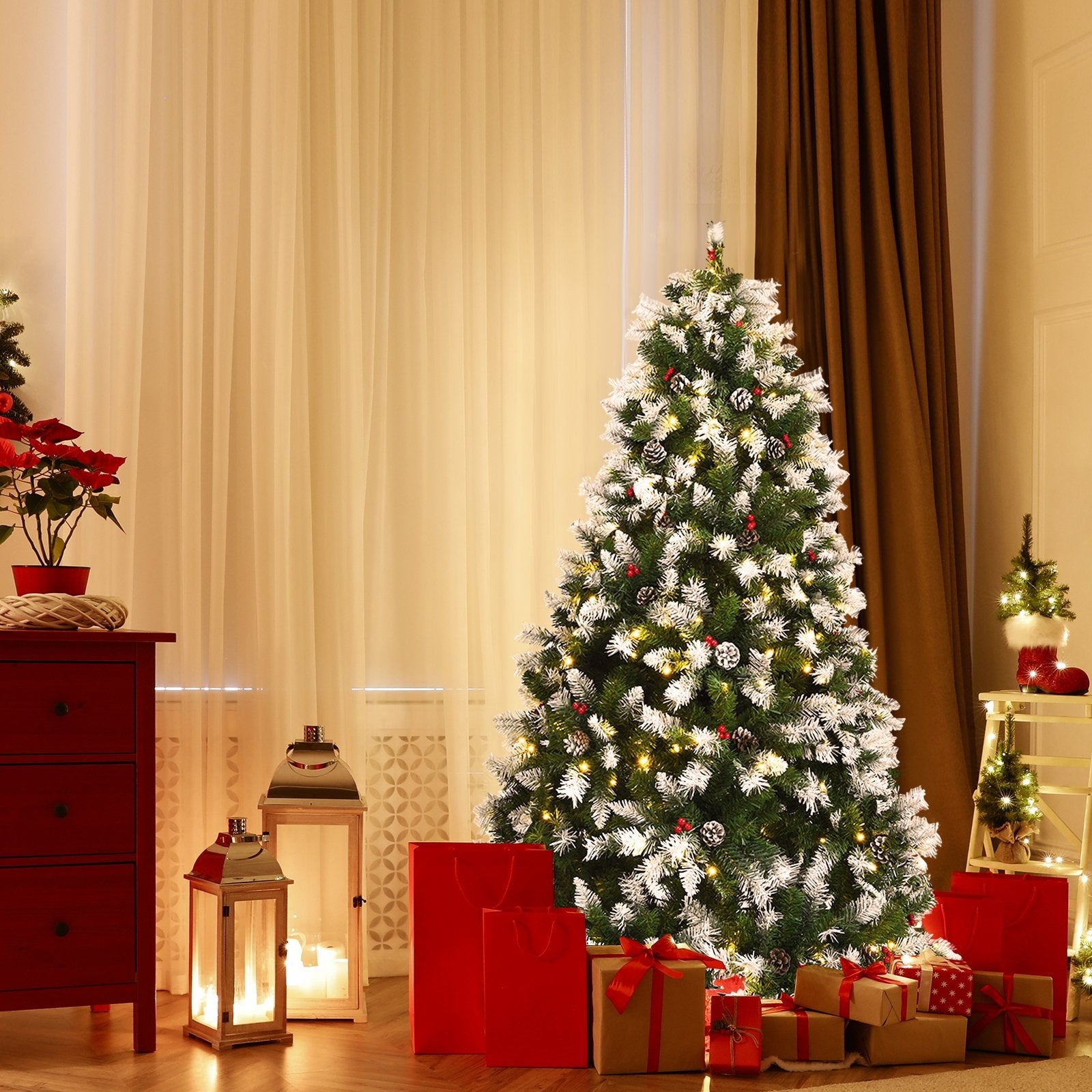 Pre-lit Snow Flocked Christmas Tree with Red Berries and LED Lights-6 ft, Green Christmas Tree   at Gallery Canada