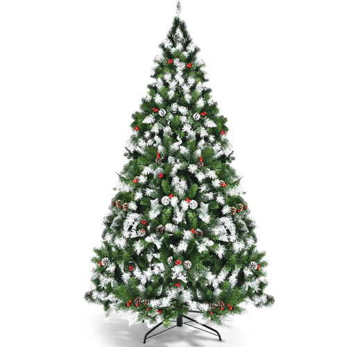 Pre-lit Snow Flocked Christmas Tree with Red Berries and LED Lights-6 ft, Green