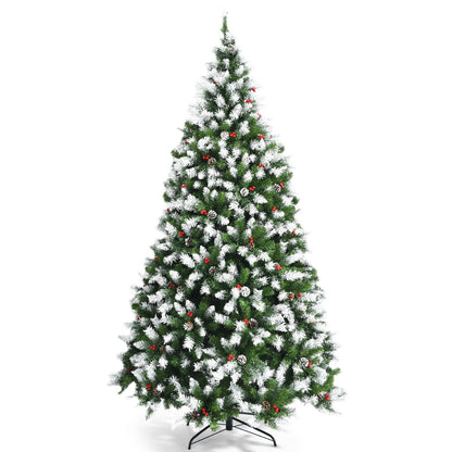 Pre-lit Snow Flocked Christmas Tree with Red Berries and LED Lights-7.5 ft, Green Christmas Tree   at Gallery Canada