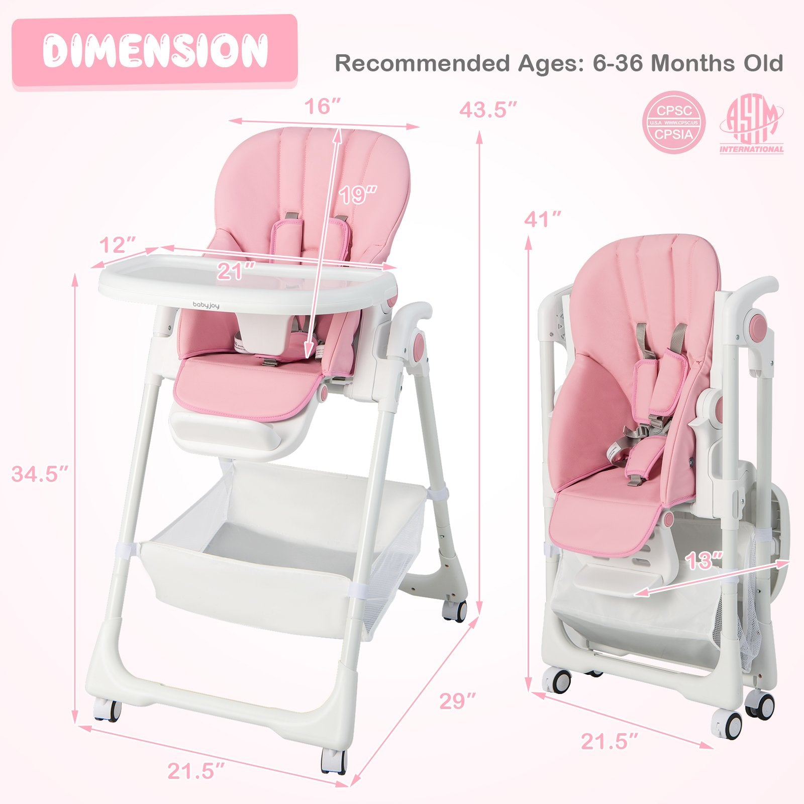 Convertible Infant Dining Chair with 5 Backrest and 3 Footrest Positions, Pink High Chairs   at Gallery Canada