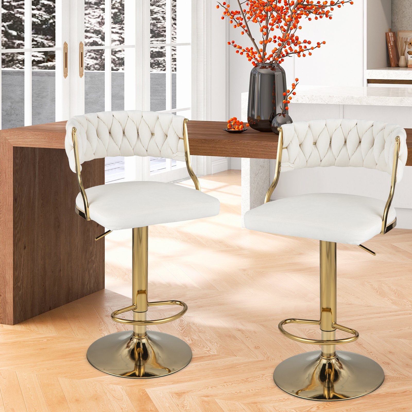 Swivel Barstool with Woven Back Set of 2 for Kitchen Island Cafe, White Bar Stools   at Gallery Canada