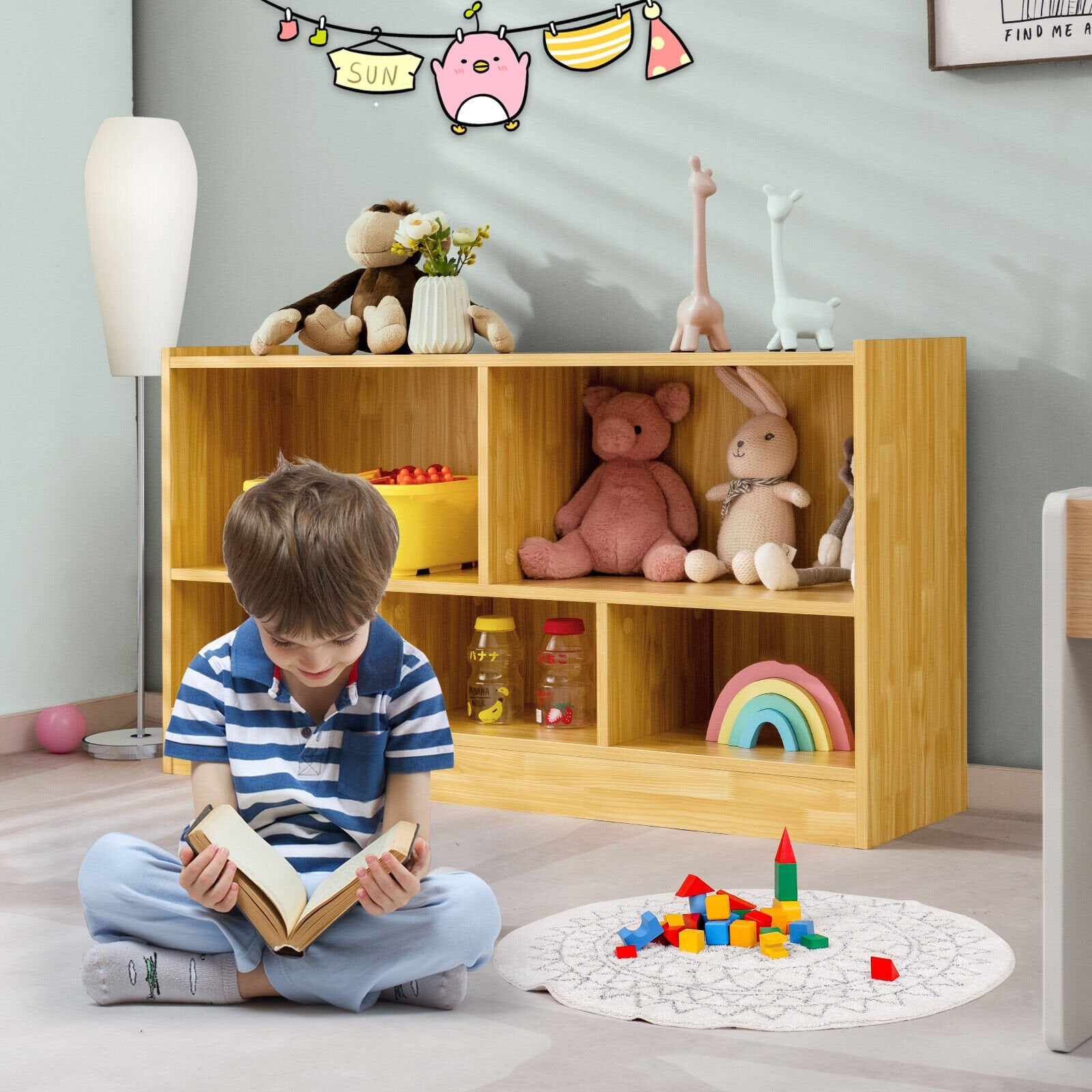 Kids 2-Shelf Bookcase 5-Cube Wood Toy Storage Cabinet Organizer, Beige Kids Storage   at Gallery Canada