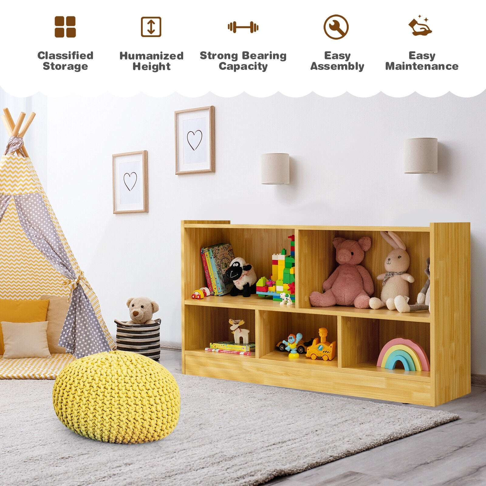 Kids 2-Shelf Bookcase 5-Cube Wood Toy Storage Cabinet Organizer, Beige Kids Storage   at Gallery Canada