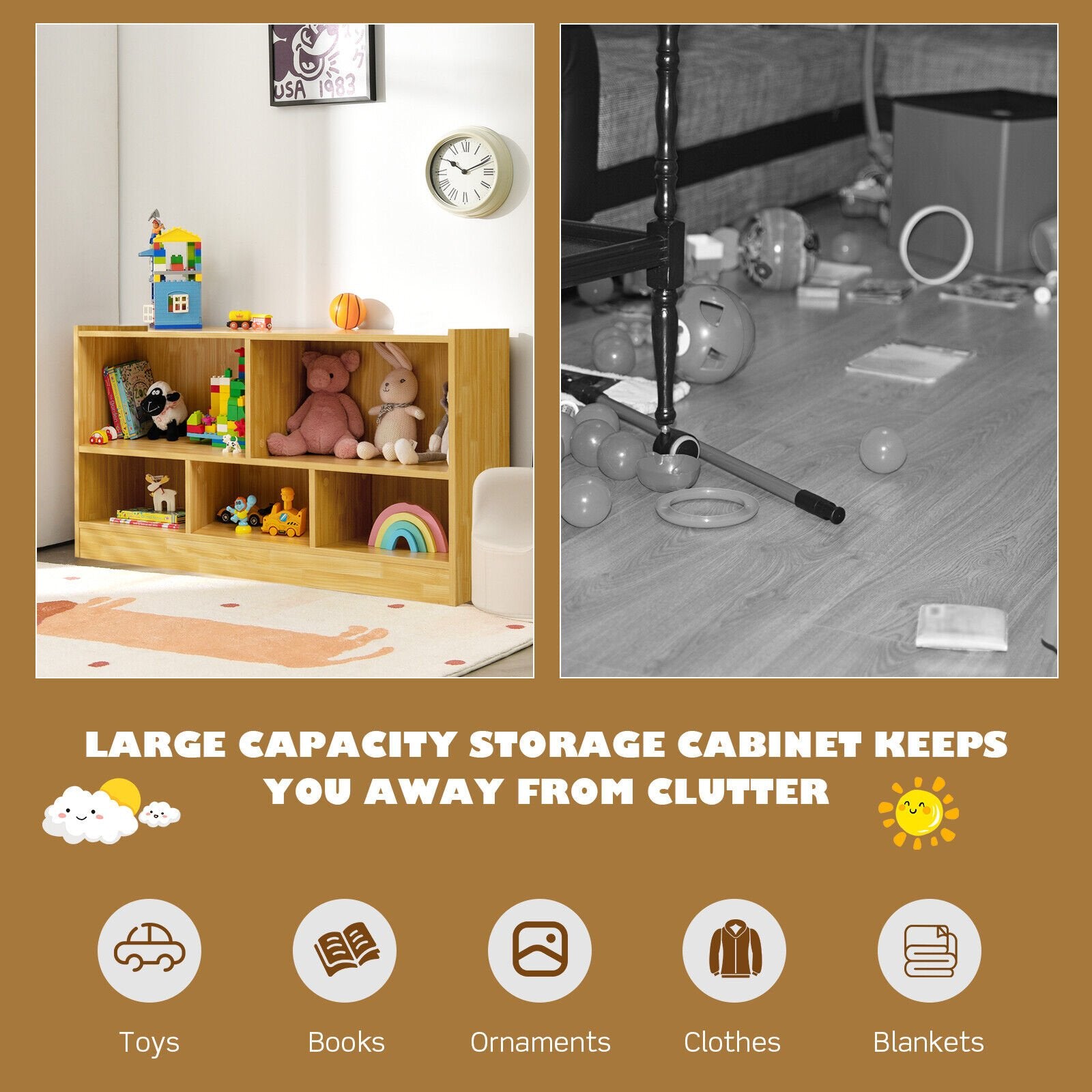 Kids 2-Shelf Bookcase 5-Cube Wood Toy Storage Cabinet Organizer, Beige Kids Storage   at Gallery Canada