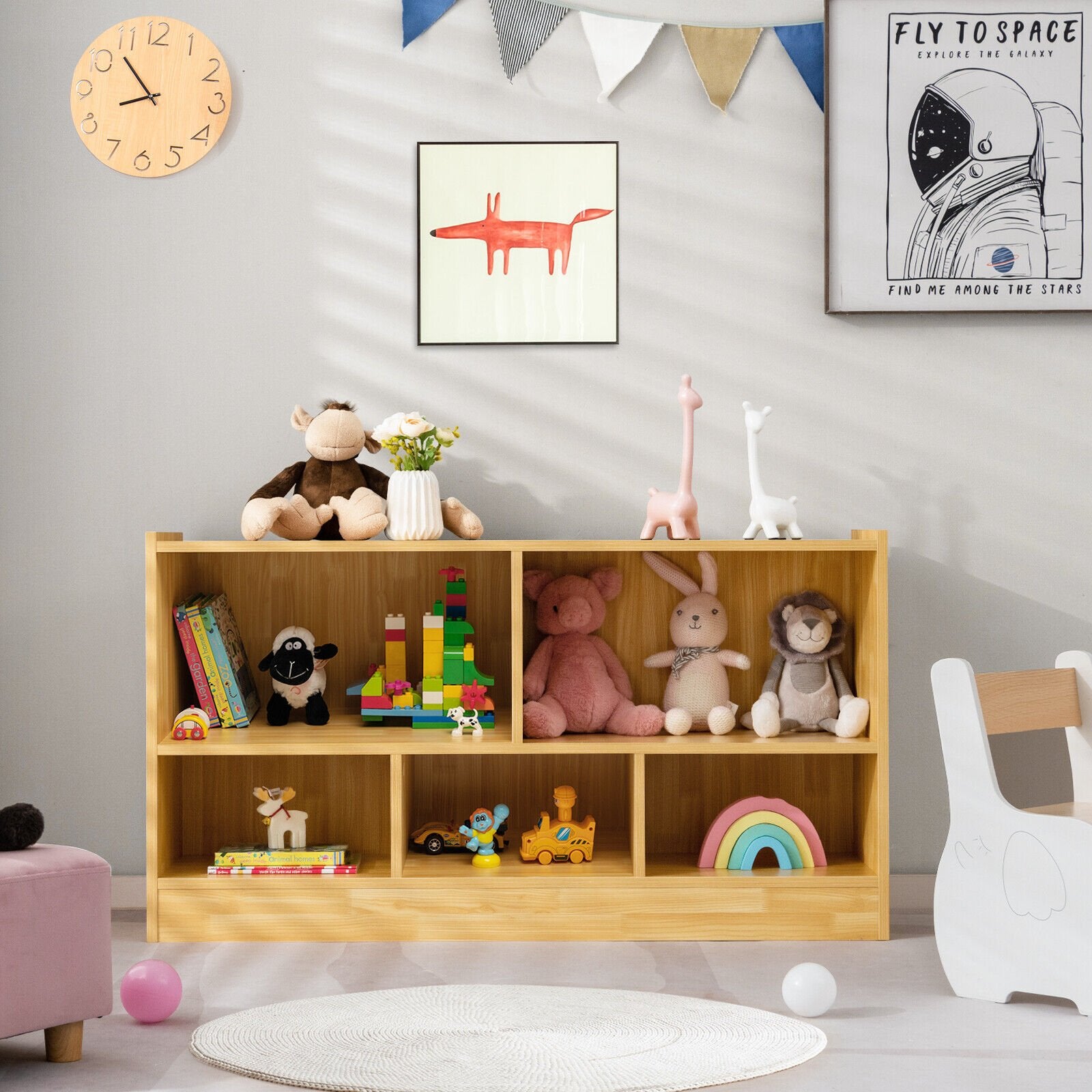 Kids 2-Shelf Bookcase 5-Cube Wood Toy Storage Cabinet Organizer, Beige Kids Storage   at Gallery Canada