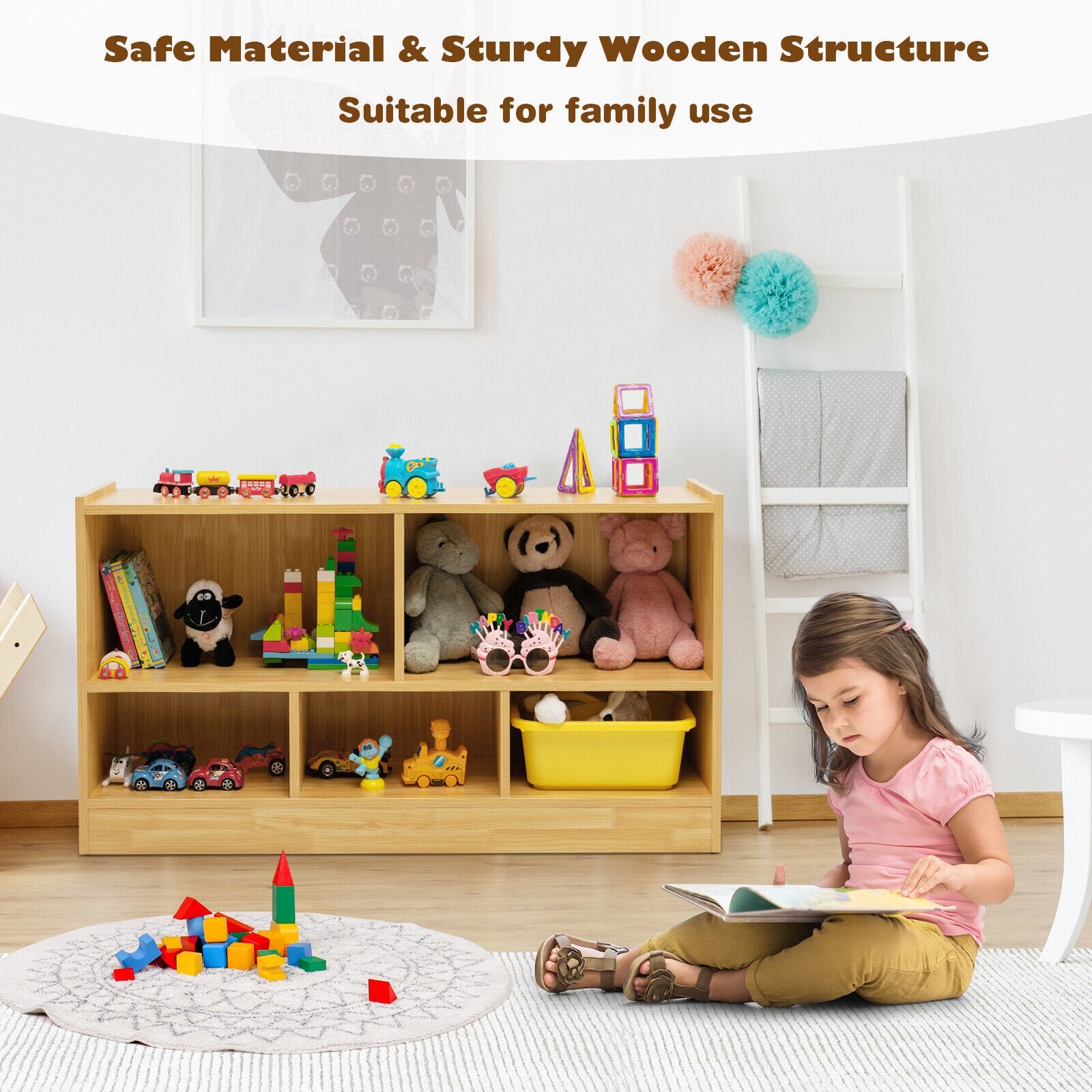 Kids 2-Shelf Bookcase 5-Cube Wood Toy Storage Cabinet Organizer, Beige Kids Storage   at Gallery Canada